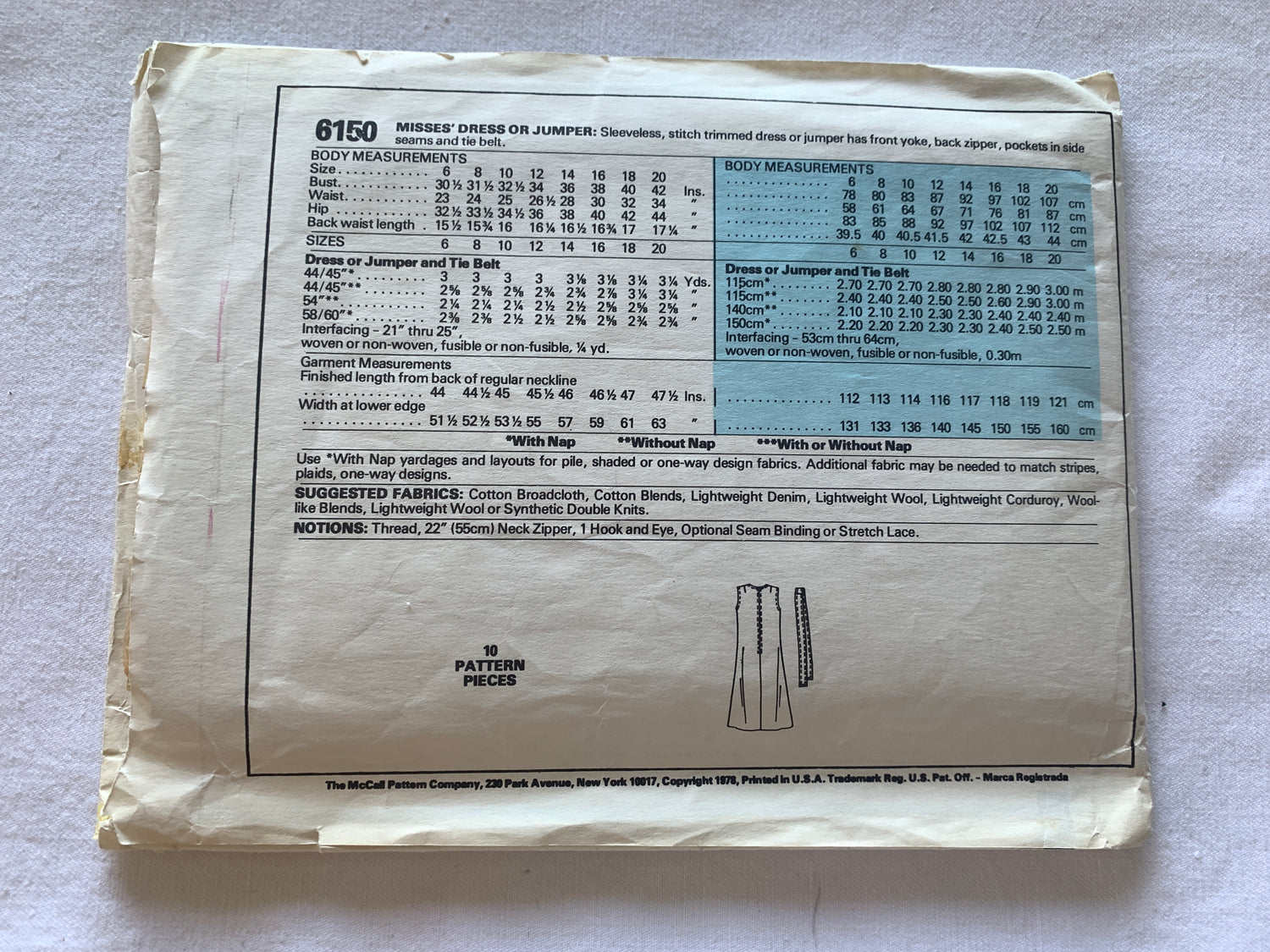 McCall's Sewing Pattern 6150 Misses' Dress, Jumper, Sleeveless, Zipper Back, Pockets, Size 12-16, Uncut, Vintage 1978