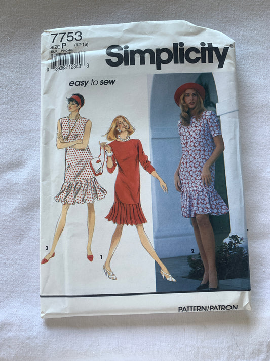 Simplicity Sewing Pattern 7753 Misses'/Misses' Petite, Dress, Zipper Back, Long/Short Sleeves, Flounces, Size 12-16, Uncut, Vintage 1992