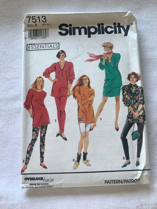 Simplicity Sewing Pattern 7513 Misses' Pants, Skirt, Shorts, Tunic, Two Lengths, Stretch Knits, Size 6-16, Cut, Vintage 1991