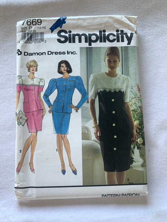 Simplicity Sewing Pattern 7669 Misses'/Petite One/Two Piece Dress, Princess Seams, Button Front, Size 12-16, Uncut, Vintage 1991