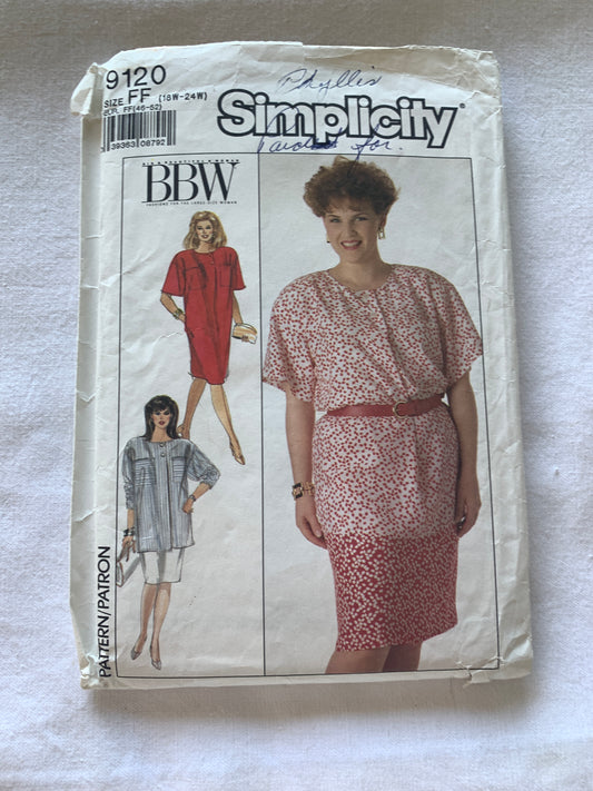 Simplicity Sewing Pattern 9120 Misses' Dress, Tunic, Skirt, Pockets, Elastic Waist, Pockets, Long/Short Sleeves, Size 18W-24W, Cut, Vintage 1989
