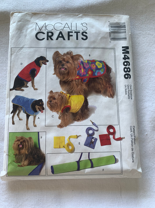 McCall's Sewing Pattern M4686 Dog Accessories, Coat, Vest, Leash, Mat, Sizes XS-L, Cut, 2004