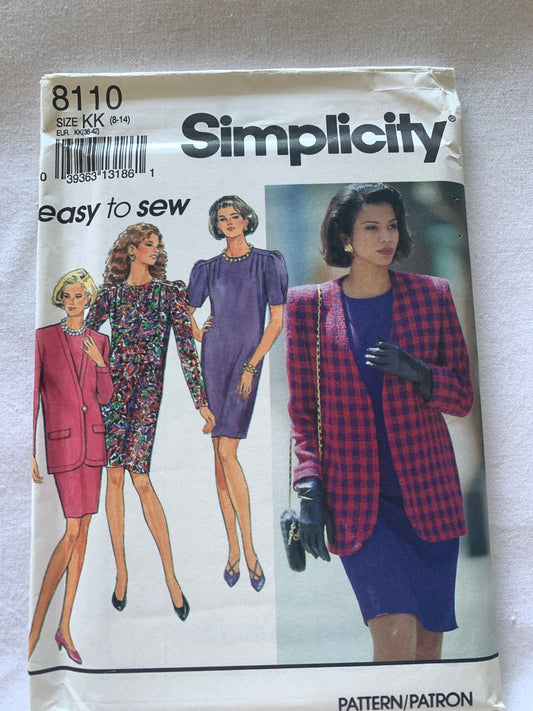 Simplicity Sewing Pattern 8110 Misses'/Miss Petite Dress, Lined Jacket, Long/Short Sleeves, Pockets, Pleats, Zipper Back, Size 8-14, Uncut, Vintage 1992