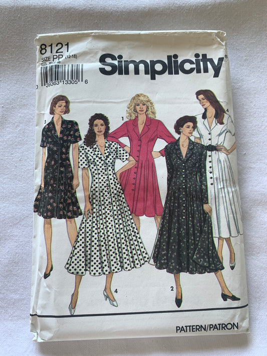 Simplicity Sewing Pattern 8121 Misses'/Petite Dress, Princess Seams, Button Front, Size 12-18 Uncut, Vintage 1994 