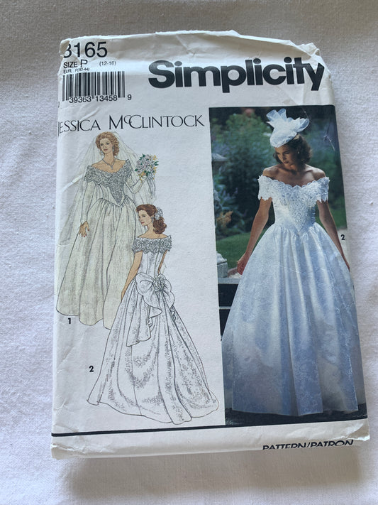 Simplicity Sewing Pattern Jessica McClintock 8165 Misses'/Misses' Petite Brides' Dress, Princess Seams, Zipper Back, Train, Size 12-16, Uncut, Vintage 1992