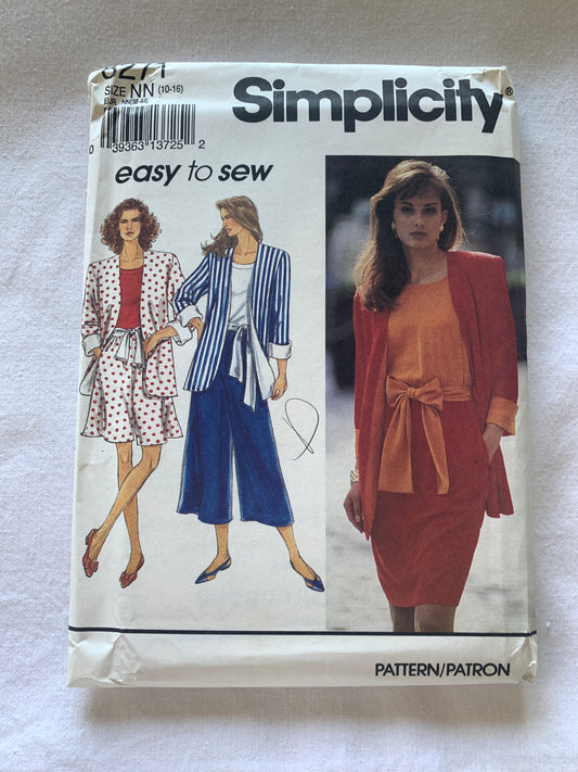 Simplicity Sewing Pattern 8271 Misses' Split Skirt, Two Lengths, Skirt, Top, Loose-Fitting,Unlined Jacket, Sash, Size 10-16, Uncut, Vintage 1992