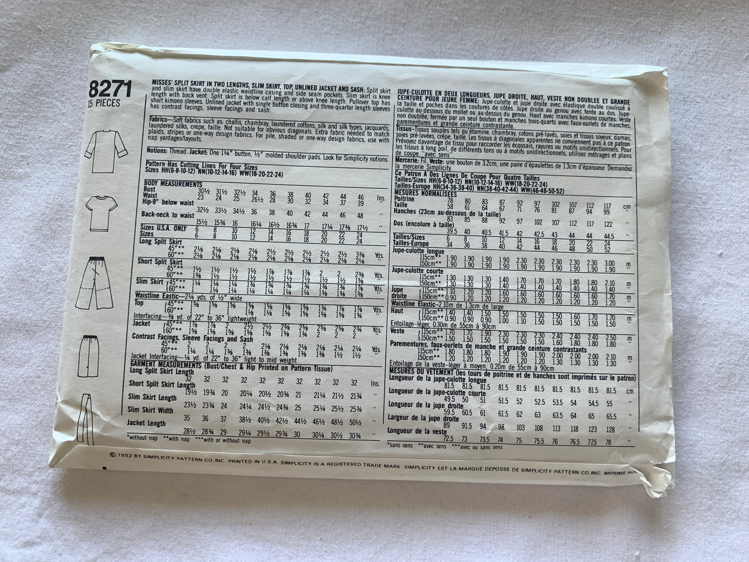 Simplicity Sewing Pattern 8271 Misses' Split Skirt, Two Lengths, Skirt, Top, Loose-Fitting,Unlined Jacket, Sash, Size 10-16, Uncut, Vintage 1992