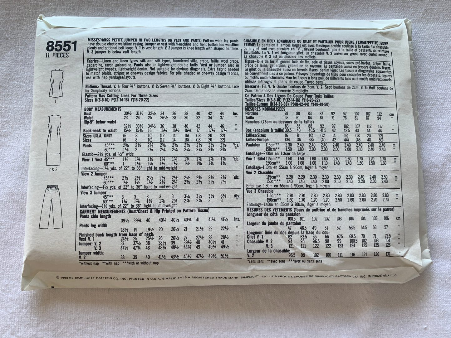 Simplicity Sewing Pattern 8551 Misses'/MIsses' Petite Jumper, Pants, Vest, Two Lengths, Elastic Waist, Size 12-16, Uncut, Vintage 1993