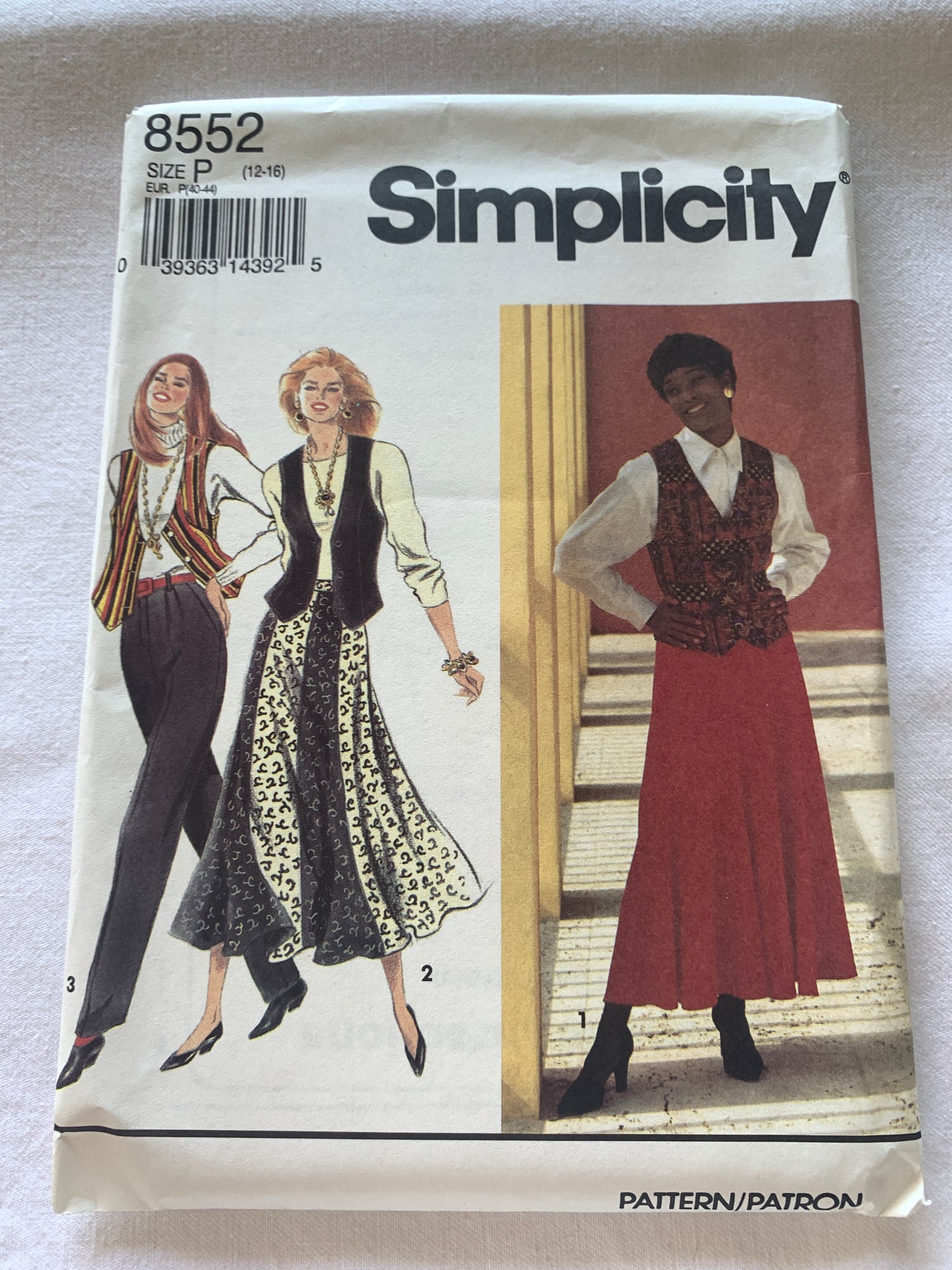 Simplicity Sewing Pattern 8552 Misses' Skirt, Pants, Two Lengths, Tie Belt, Lined Vest, Size 12-16, Uncut, Vintage 1993