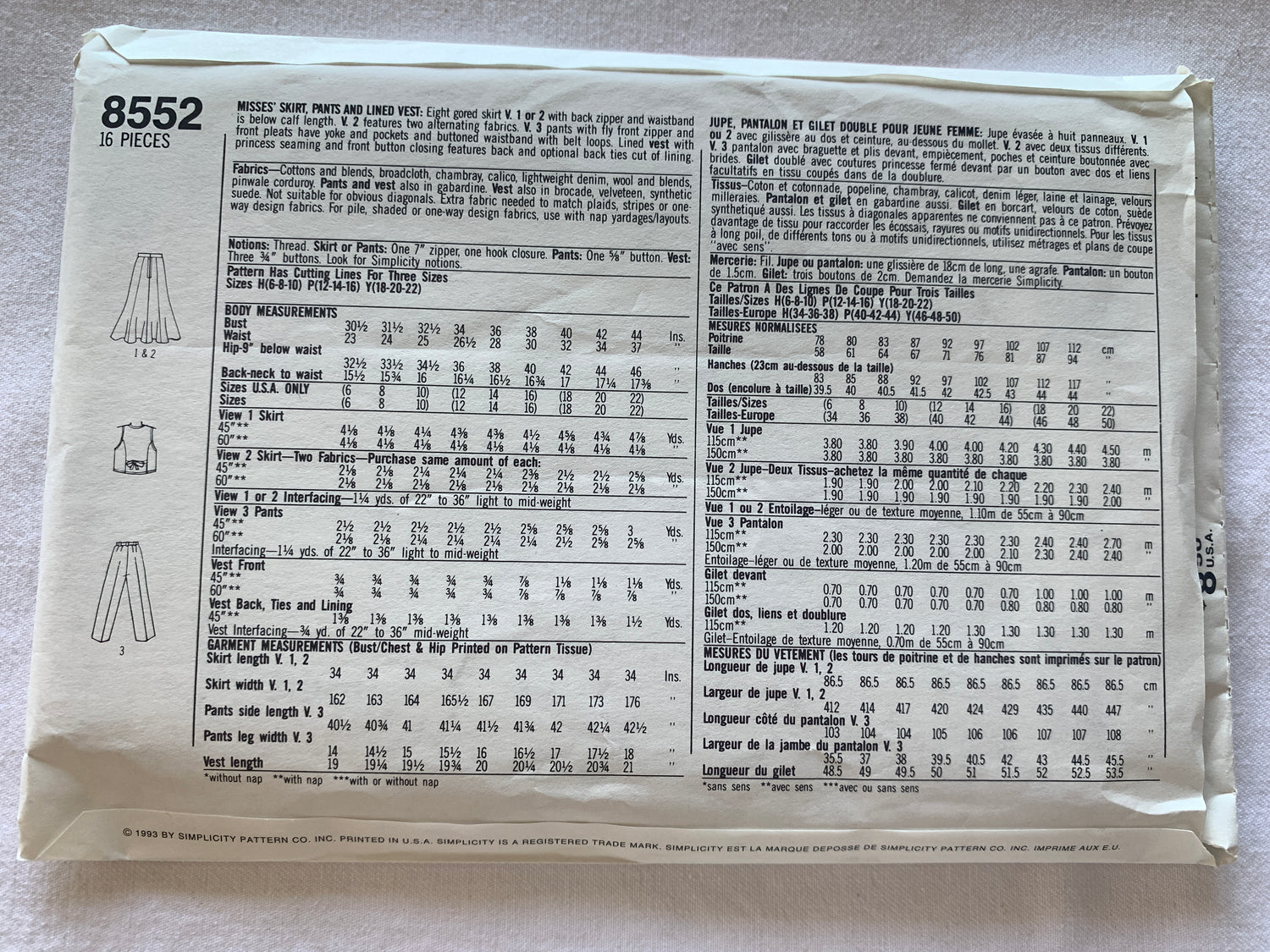Simplicity Sewing Pattern 8552 Misses' Skirt, Pants, Two Lengths, Tie Belt, Lined Vest, Size 12-16, Uncut, Vintage 1993
