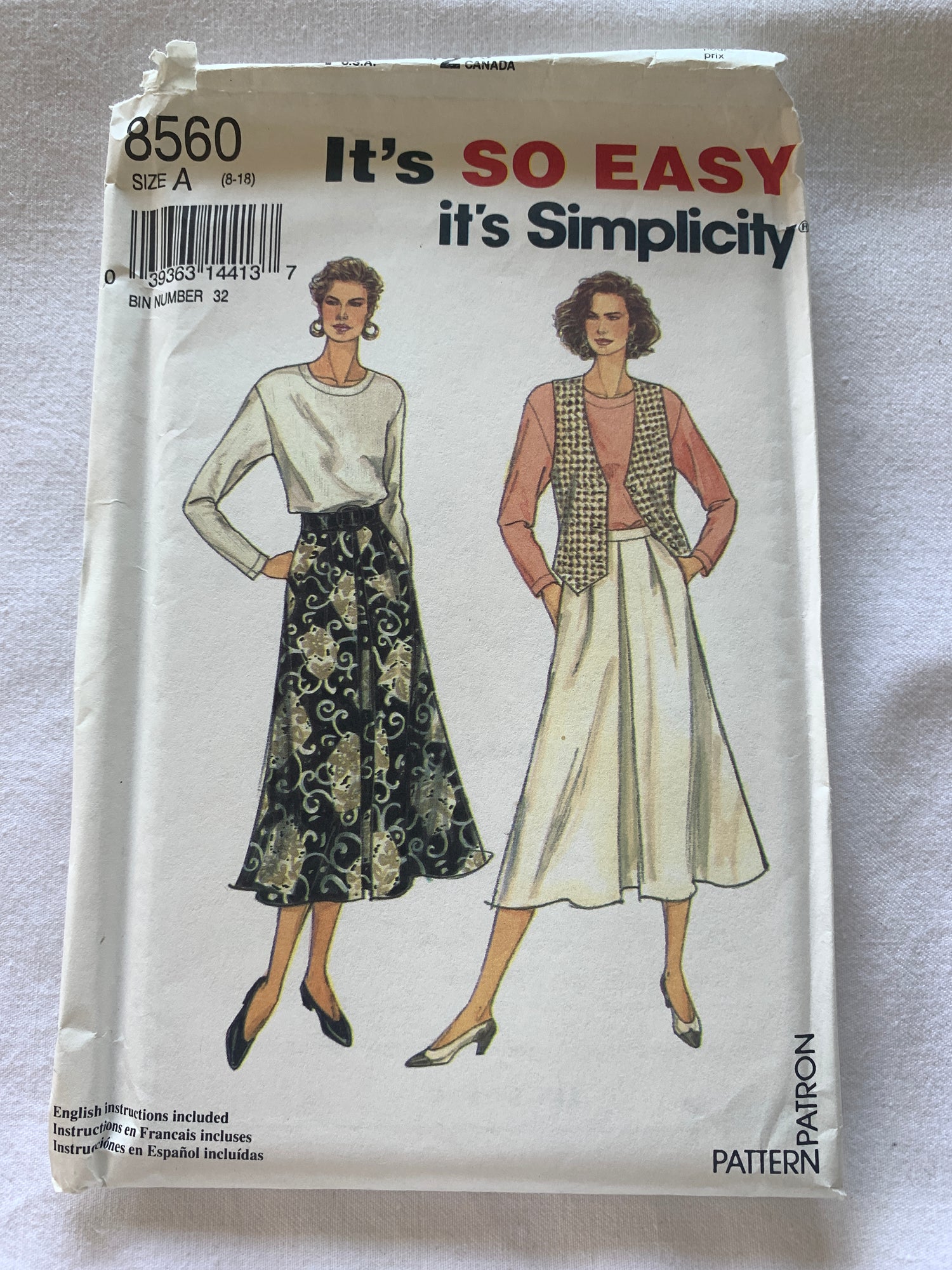 Simplicity Sewing Pattern 8560 Misses' Lined Vest, Skirt, Pants, Top, Zipper Back, Pockets, Size 8-18, Uncut, Vintage 1993
