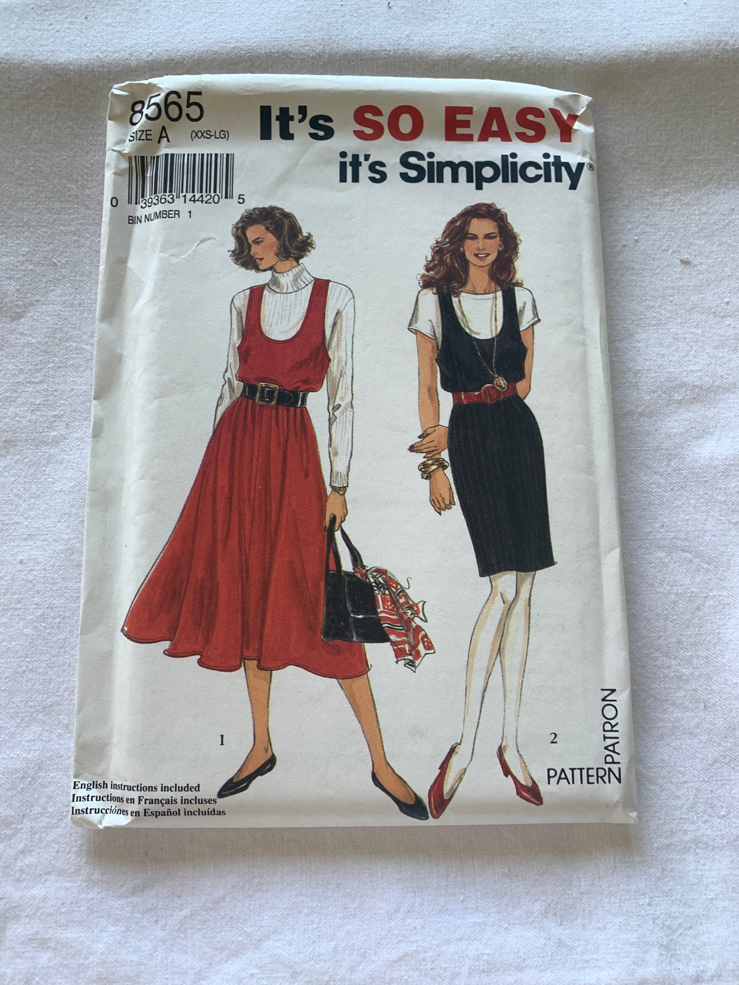 Simplicity Sewing Pattern 8565 Misses' Jumper, Slim.Full Skirt, Pullover, Elastic Waist, Pockets, Size 2-20, Uncut, Vintage 1993