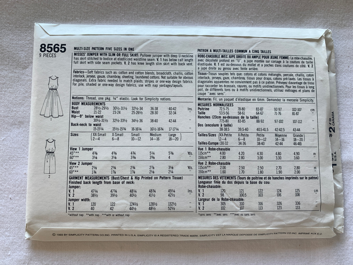 Simplicity Sewing Pattern 8565 Misses' Jumper, Slim.Full Skirt, Pullover, Elastic Waist, Pockets, Size 2-20, Uncut, Vintage 1993
