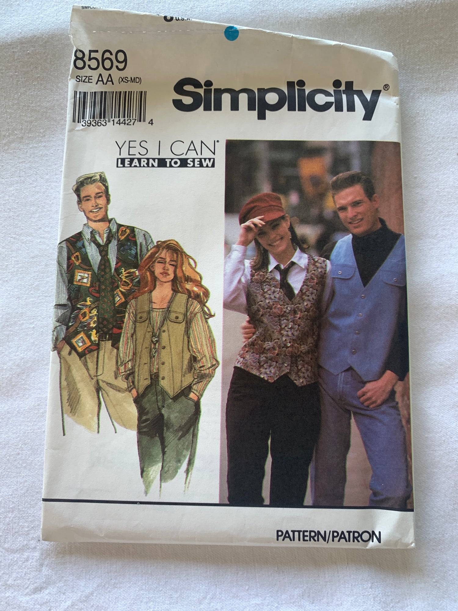Simplicity Sewing Pattern 8569 Misses'/Men's/Teen-Boy, Lined Vest, Neck Tie, Hat, Button Front, Sizes 30-40 Unchest, Cut, Vintage 1993