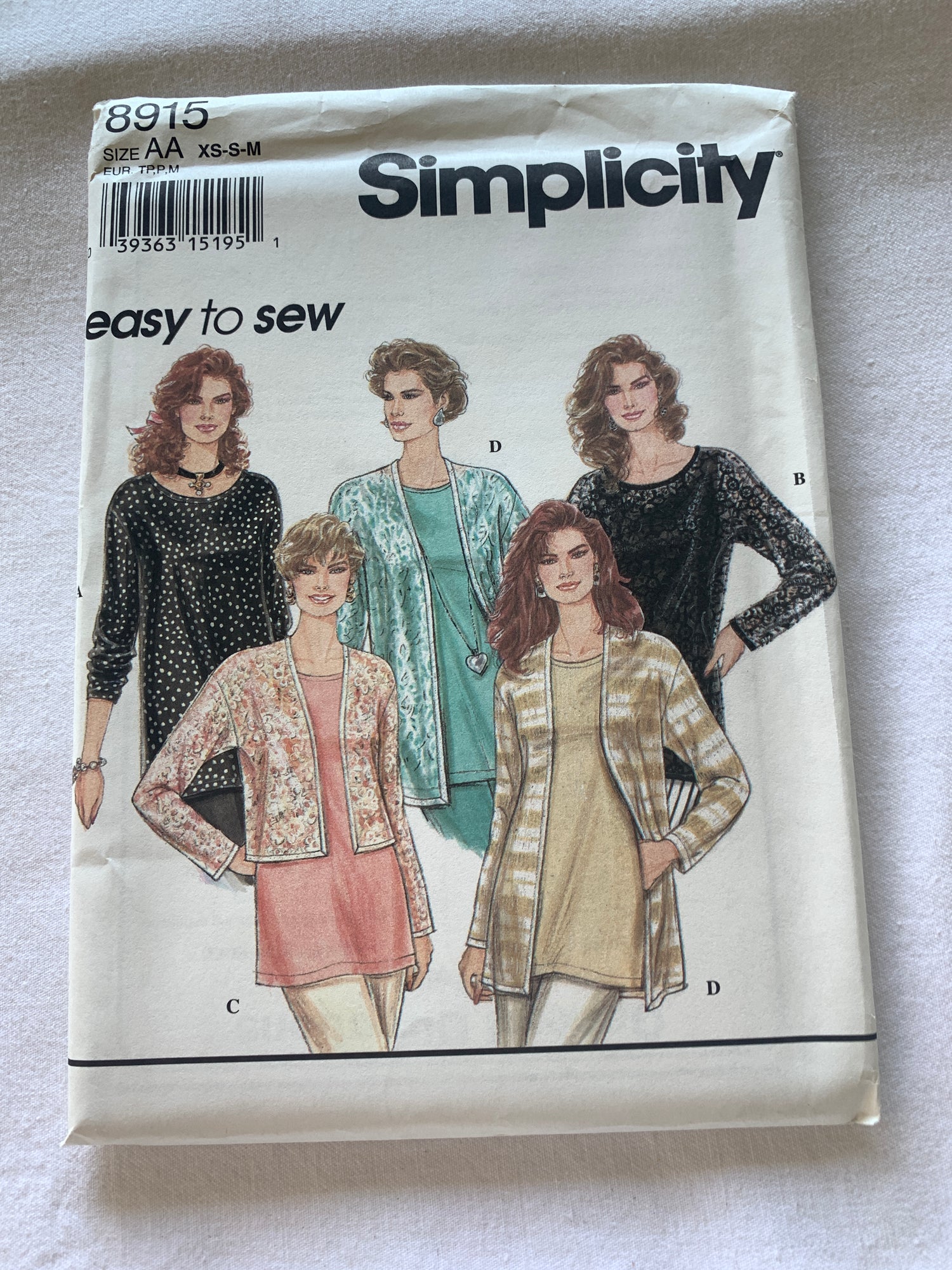 Simplicity Sewing Pattern 8915 Misses' Jacket, Two Lengths, Top, Pullover, Long Sleeves, Size 6-16, Uncut, Vintage 1994