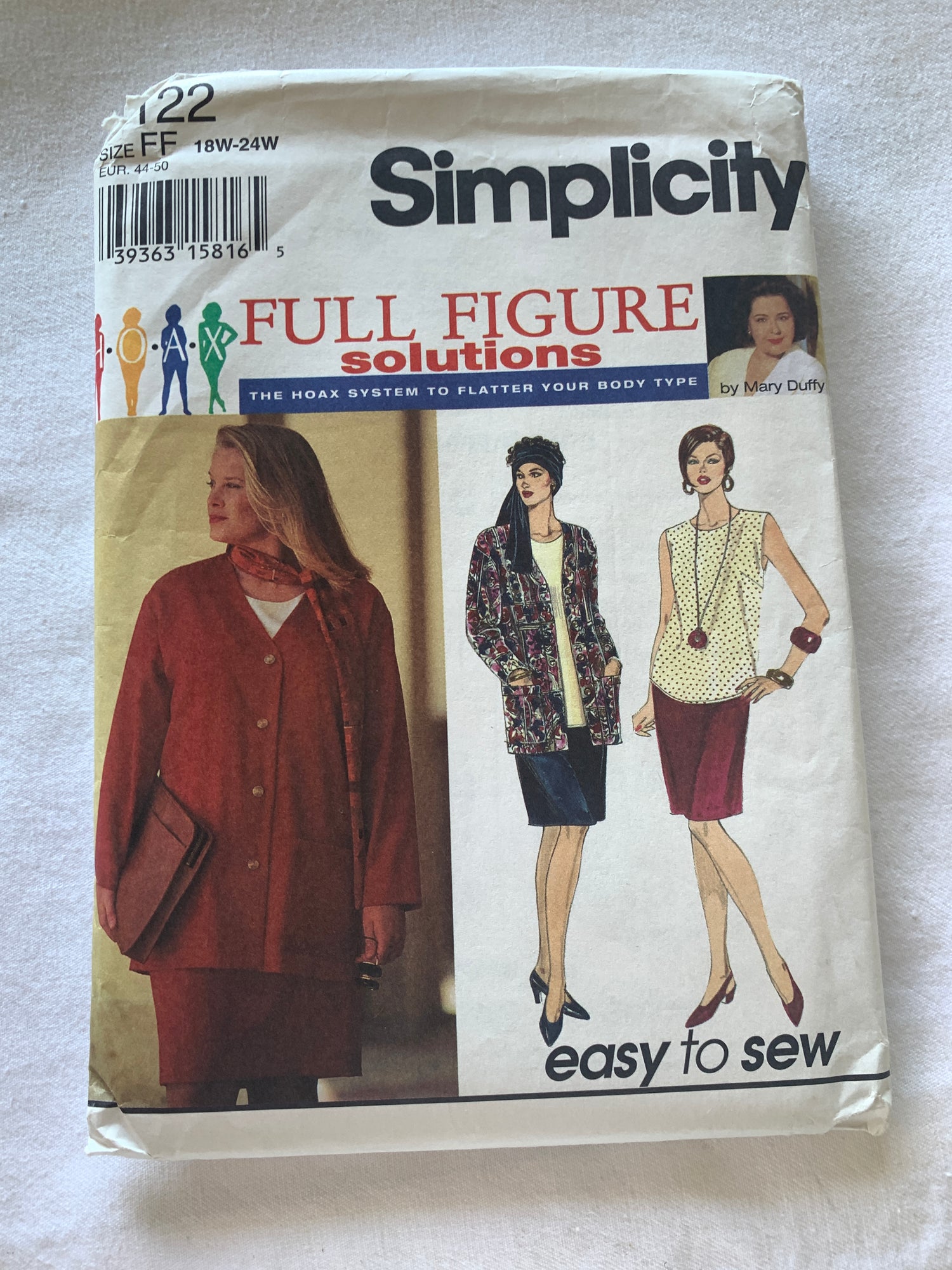 Simplicity Sewing Pattern 9122 Misses' Full Figure, Unlined Jacket, Skirt, Top, Button Front, Scarf, Size 18W-24W, Uncut, Vintage 1994 (Copy)