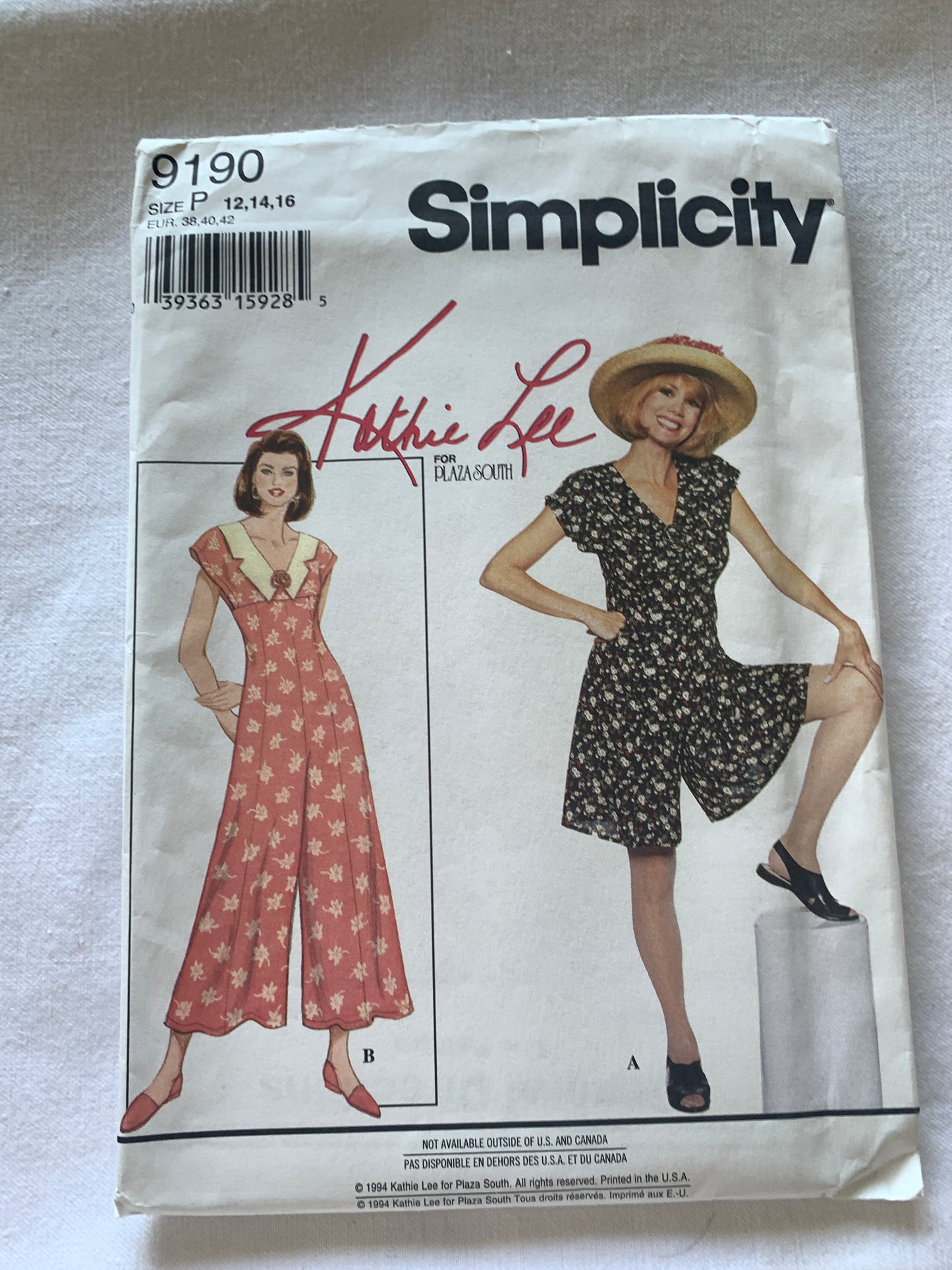 Simplicity Sewing Pattern Kathie Lee 9190 Misses'/Miss Petite, Romper, Zipper Back, Size 12-16, Uncut, Vintage 1994
