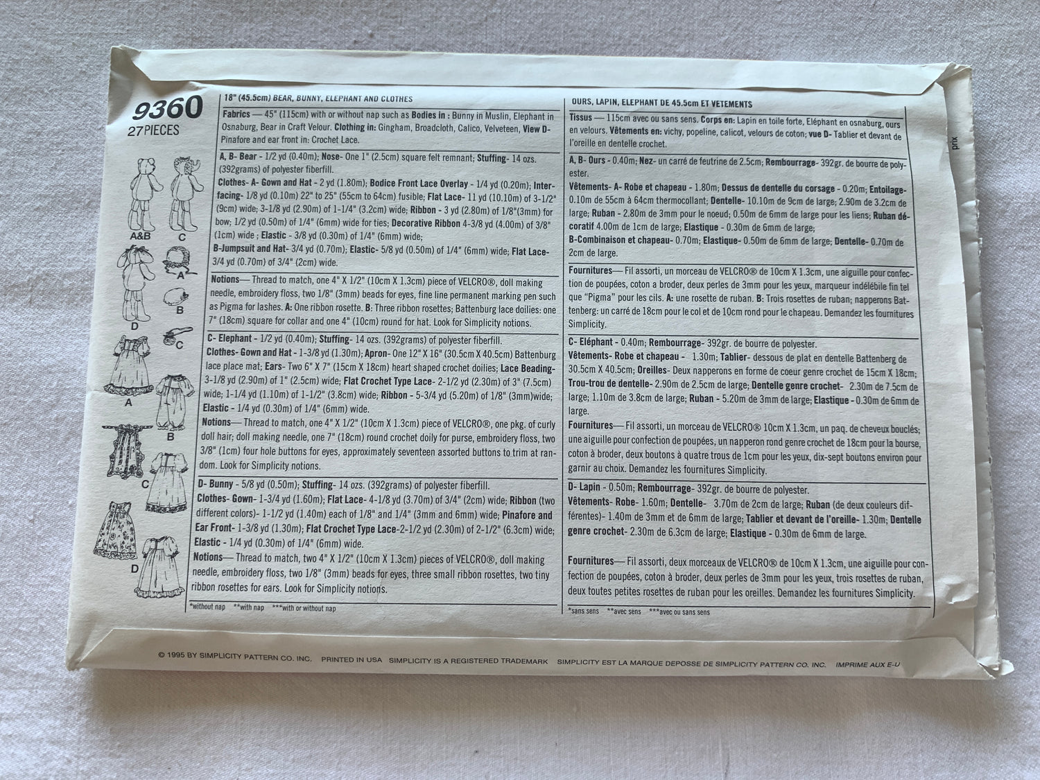Simplicity Sewing Pattern Faith Van Zanten 9360 18" Stuffed Bear, Bunny, Elephant, Clothes, Uncut, Vintage 1995