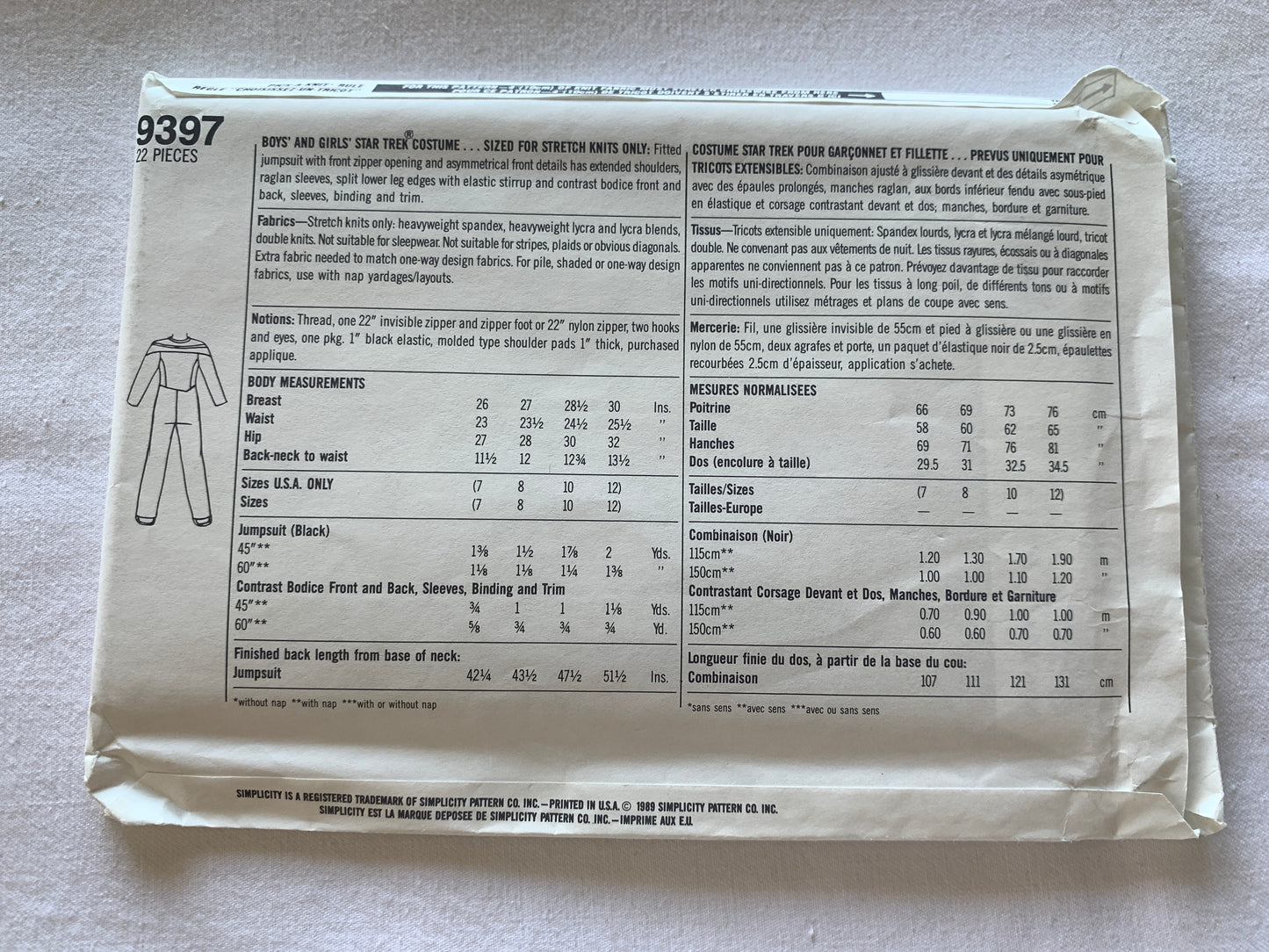 Simplicity Sewing Pattern 9397 Girls'/Boy's Costumes, Halloween, Star Trek, Stretch Knits, Fitted, Jumpsuit, Size 7-12, Uncut, Vintage 1989