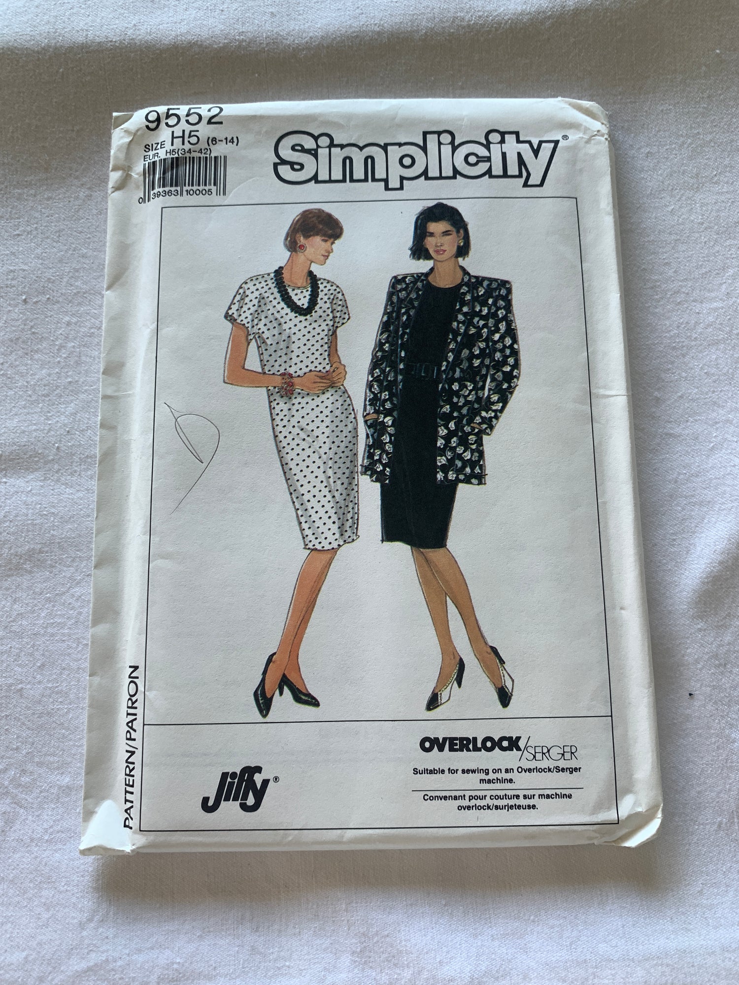 Simplicity Jiffy Sewing Pattern 9552 Misses'/Miss Petite Dress, Unlined Jacket, Pullover, Pockets, Shawl Collar, Size 6-14, Uncut, Vintage 1989