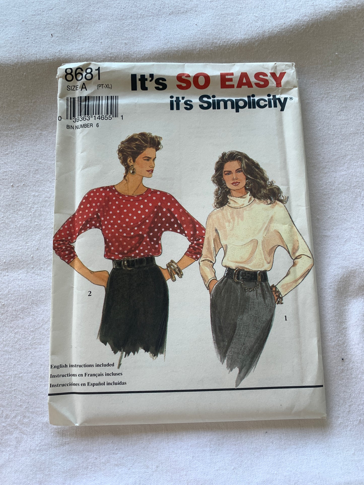 Simplicity Sewing Pattern 9294 Misses'/Miss Petite Pullover Top, Dolman Long Sleeves, 2 Variations, Size 6-24, Uncut, Vintage 1993