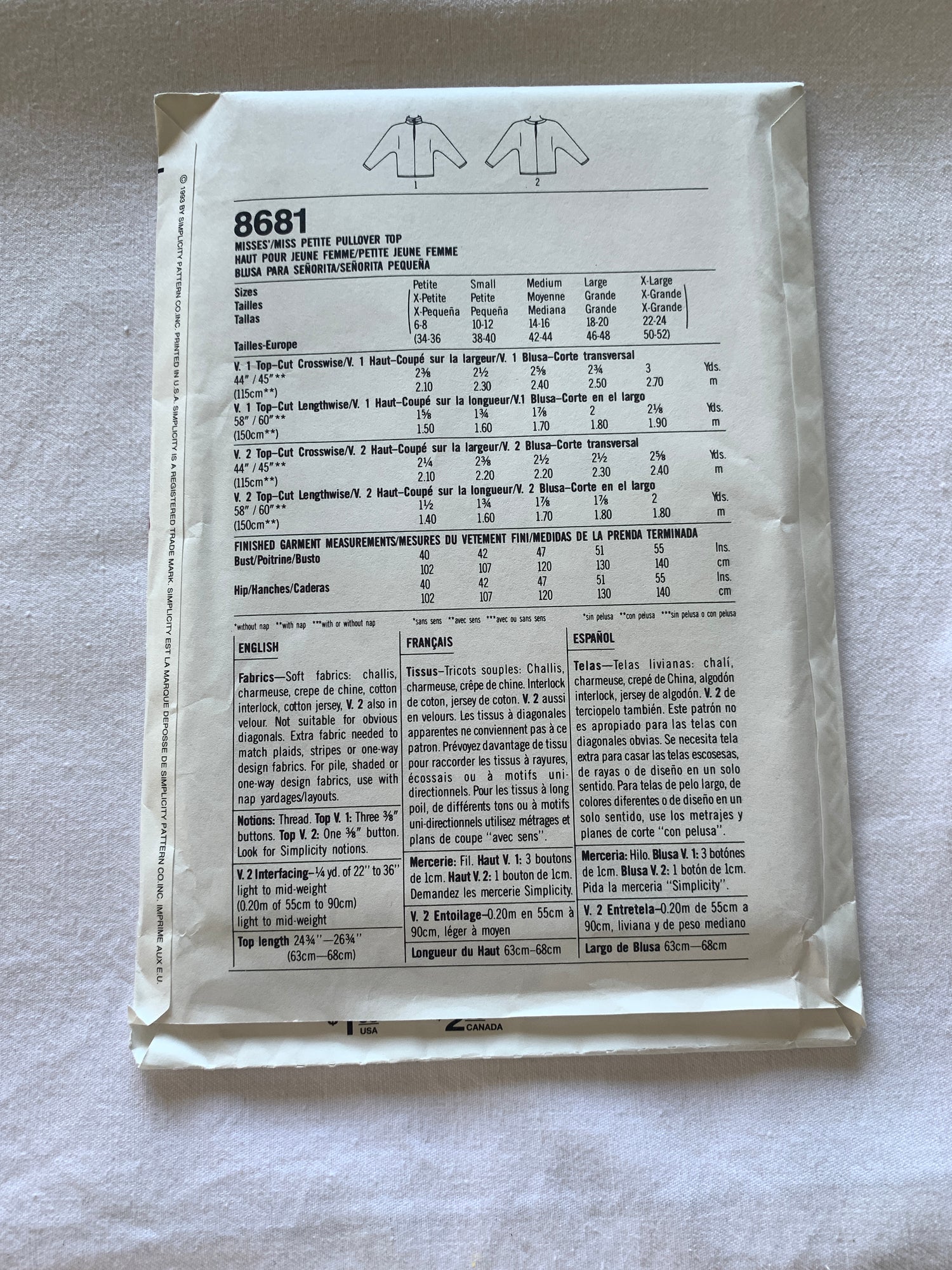 Simplicity Sewing Pattern 9294 Misses'/Miss Petite Pullover Top, Dolman Long Sleeves, 2 Variations, Size 6-24, Uncut, Vintage 1993