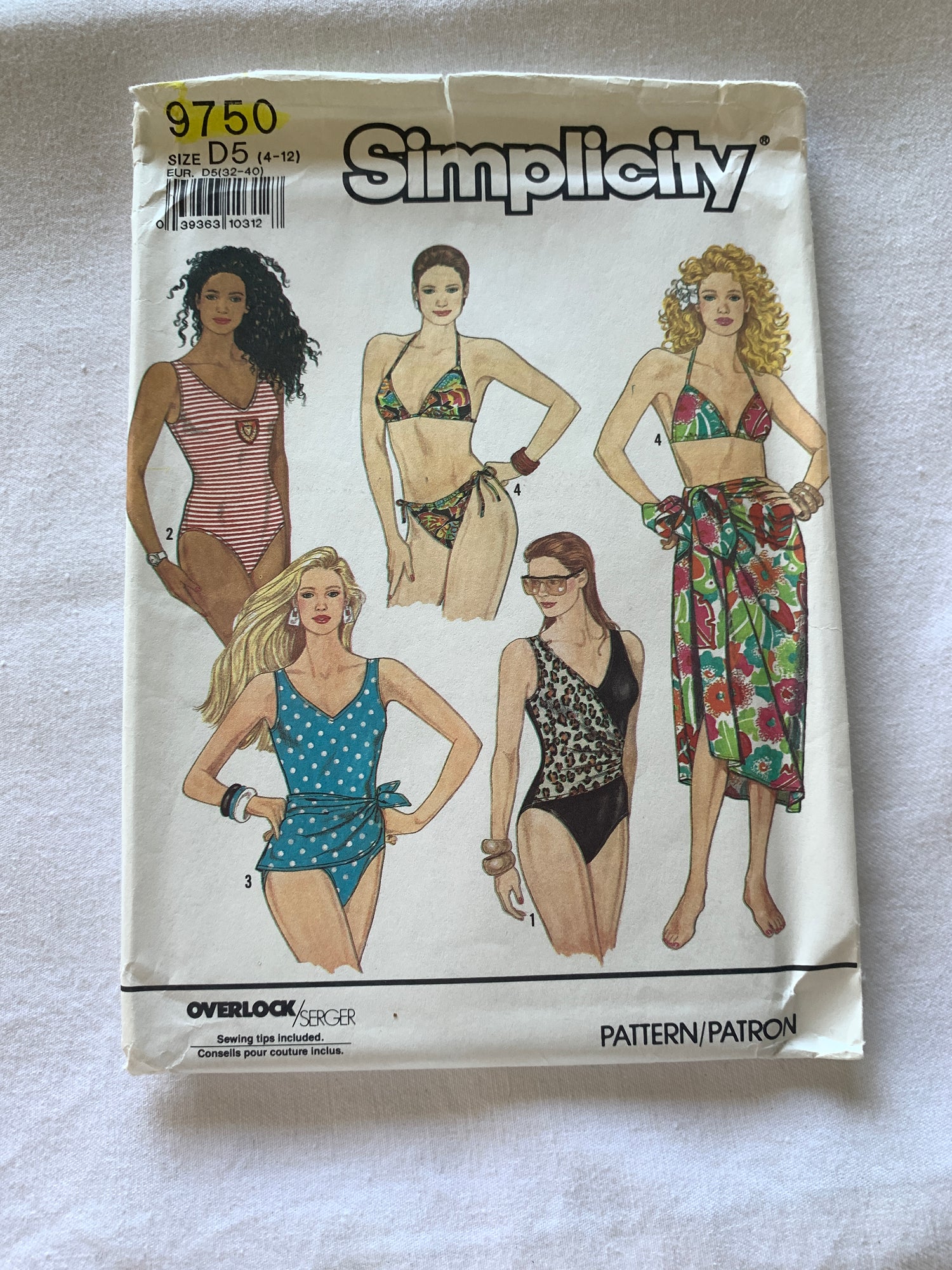 Simplicity Sewing Pattern 9750 Misses' Bathing Suits, Swimwear, One/Two Pieces, Shoulder Straps, 4 Variations, Pareo, Wrap, Size 4-12, Uncut, Vintage 1990