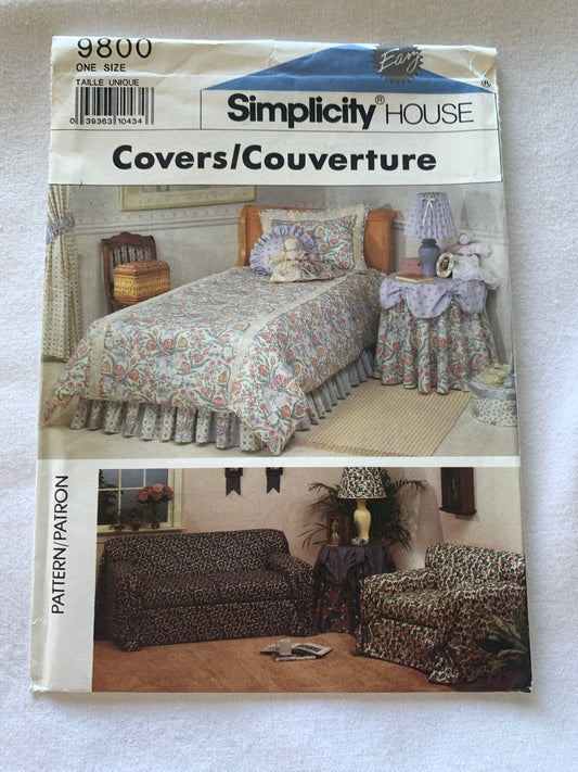 Simplicity Sewing Pattern 9800 Home Decorating, Pillow Shams, Dust Ruffle, Chair Cover, 8 Variations, Uncut, Vintage 1990