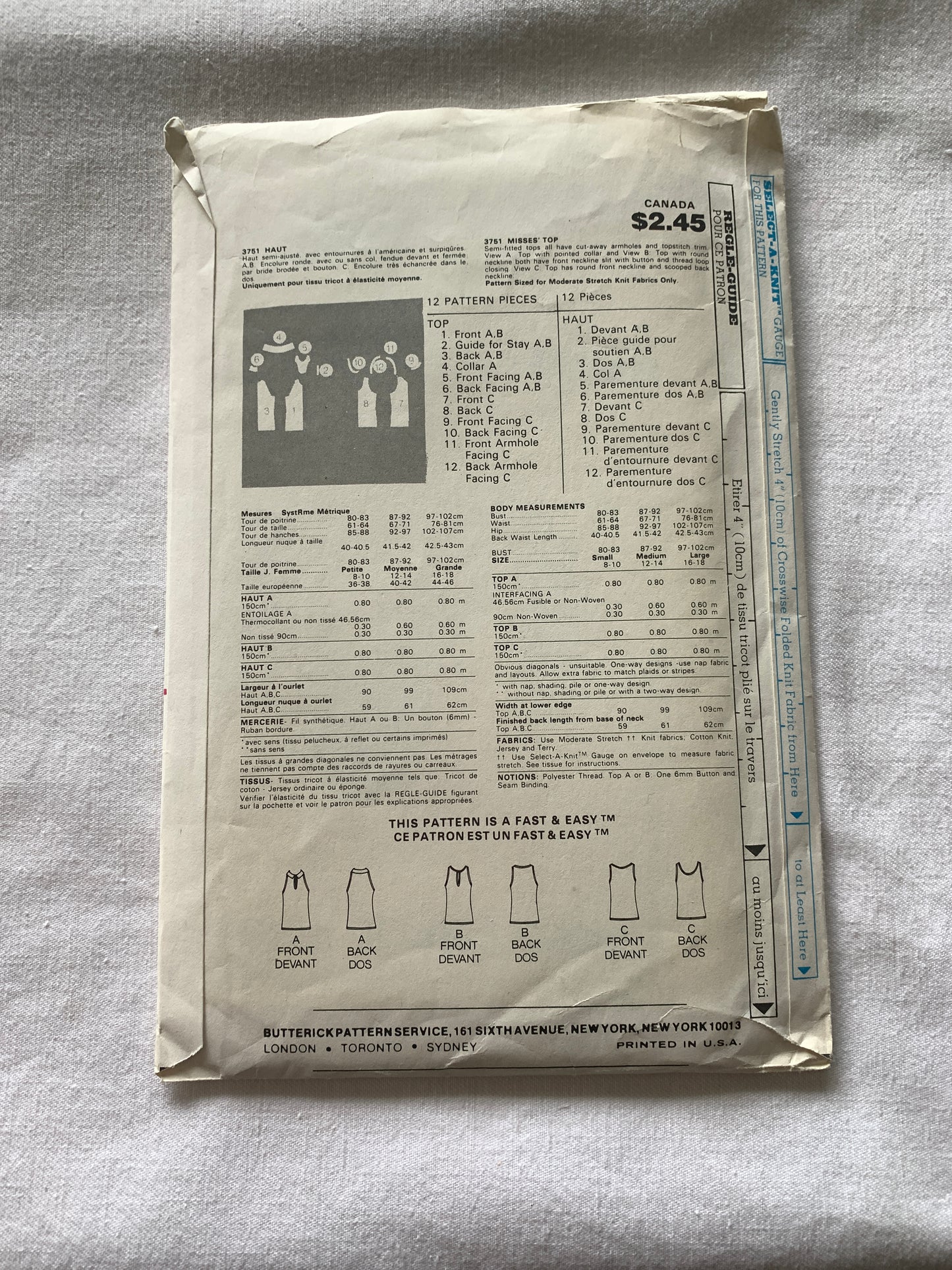 Butterick Sewing Pattern 3751 Misses' Top, Semi-Fitted, Neck Variations, Size 16-18, Uncut, Vintage 1995 