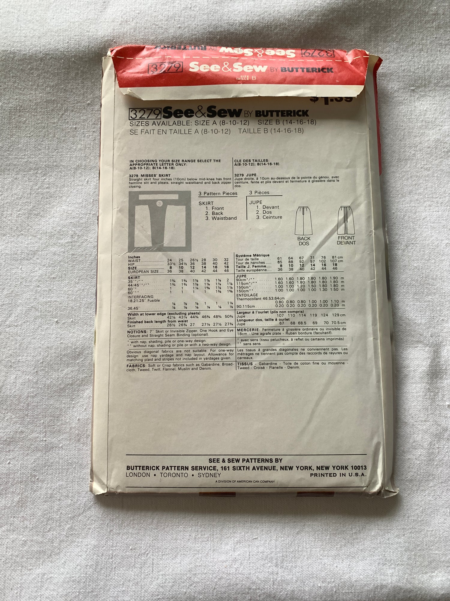 Butterick Sewing Pattern See & Sew 3279 Misses' Straight Skirt, Zipper Back, Size 14-18, Uncut, Vintage 1988
