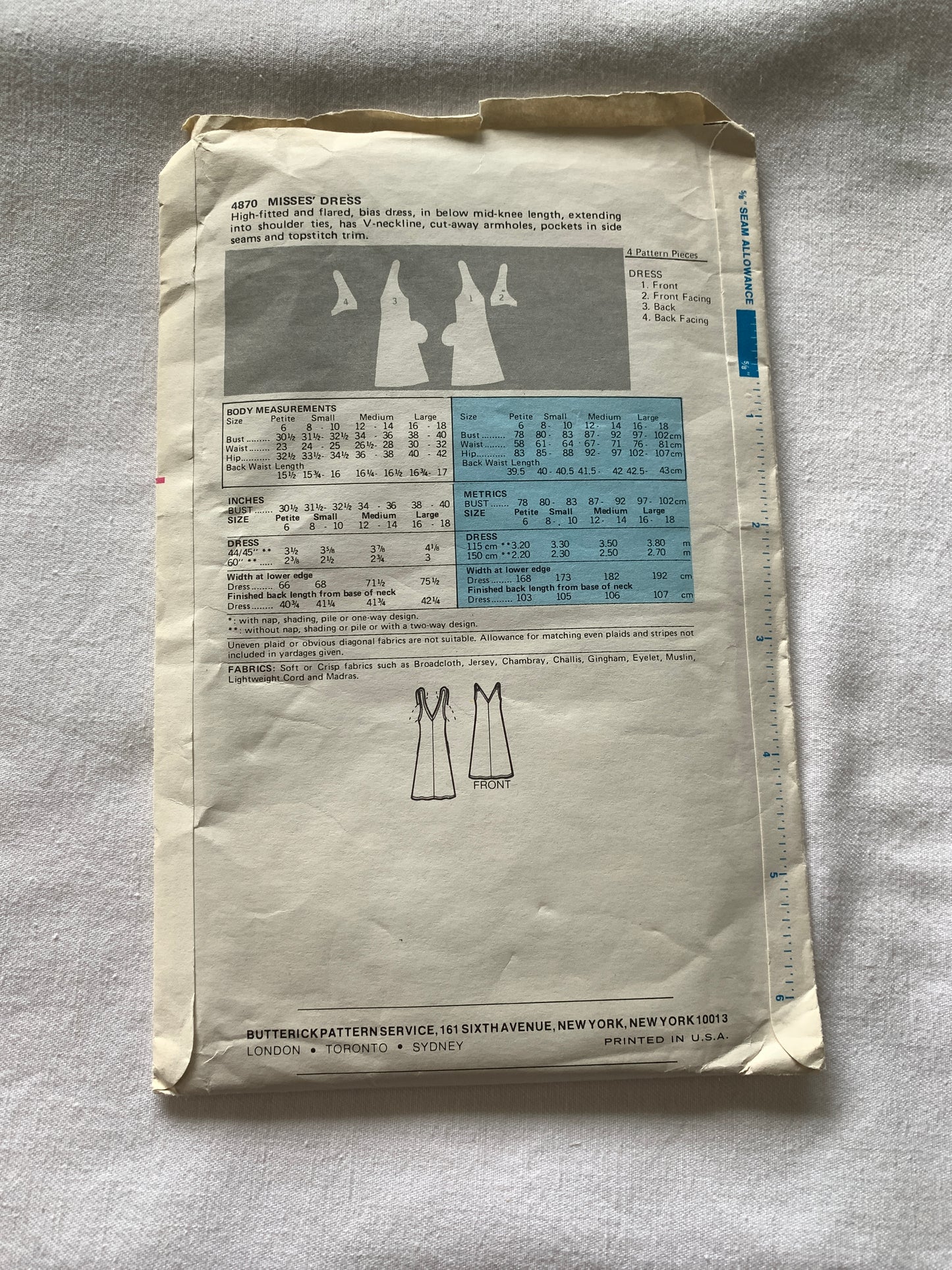 Butterick Sewing Pattern 4870 Misses' Dress, High-Fitted, Shoulder Ties, Pockets, Size 12-14, Uncut, Vintage 1987
