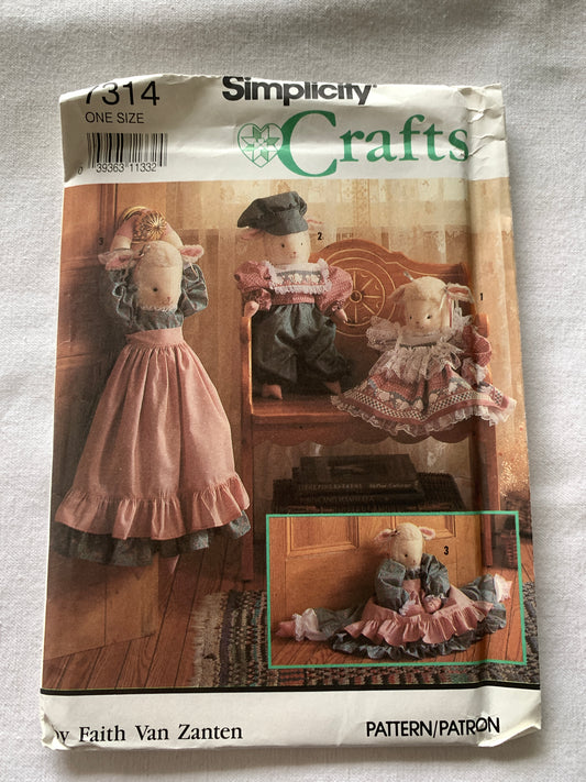 Simplicity Sewing Pattern Faith Van Zanten 7314 Lamb Doll, Draft Stopper, Clothes, Uncut, Vintage 1991