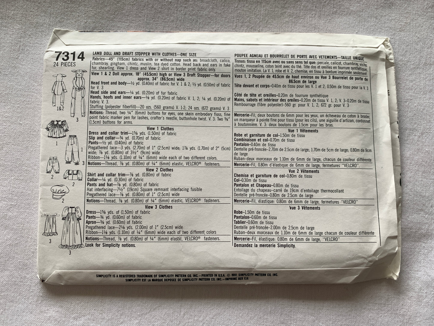 Simplicity Sewing Pattern Faith Van Zanten 7314 Lamb Doll, Draft Stopper, Clothes, Uncut, Vintage 1991