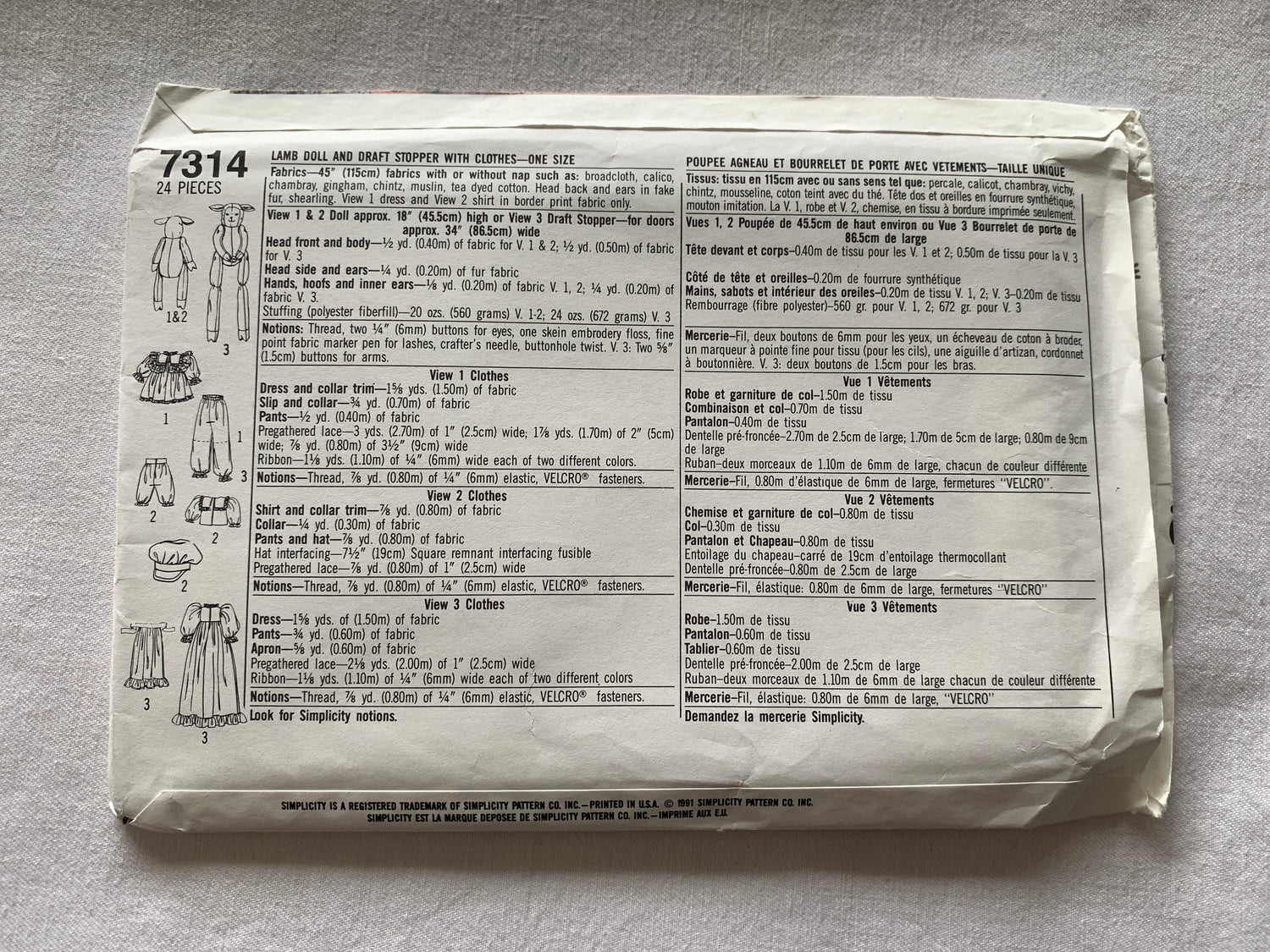 Simplicity Sewing Pattern Faith Van Zanten 7314 Lamb Doll, Draft Stopper, Clothes, Uncut, Vintage 1991