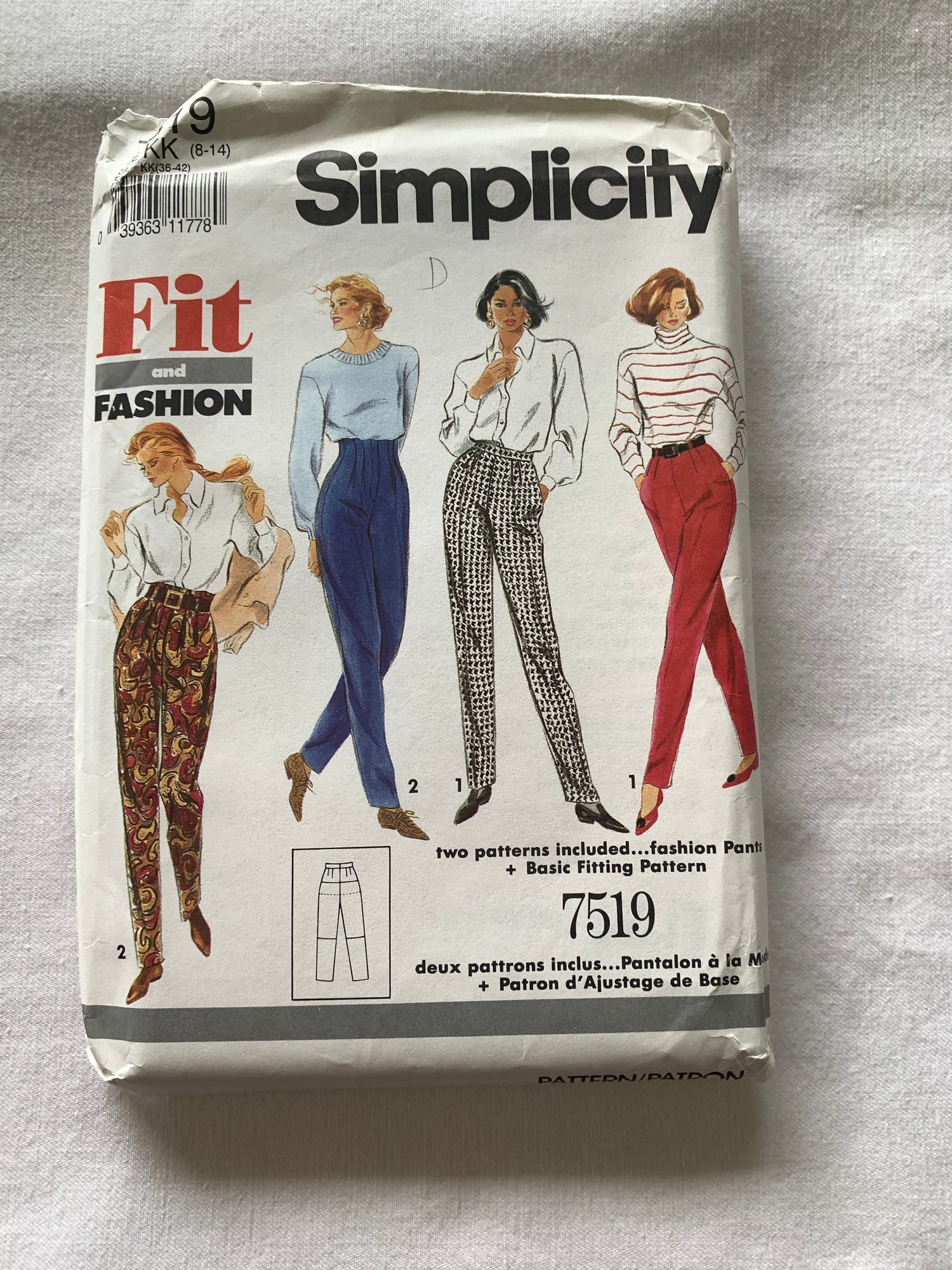 Simplicity Sewing Pattern 7519 Misses' Pants, Pockets, Zipper Back/Front, Size 8-14, Uncut, Vintage 1991