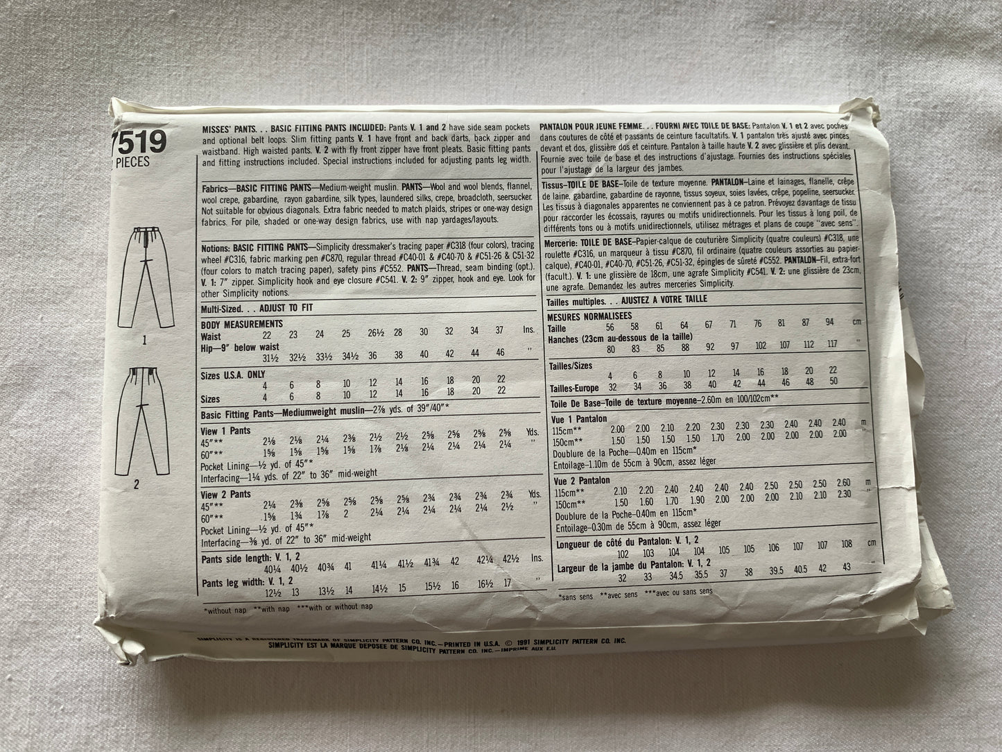 Simplicity Sewing Pattern 7519 Misses' Pants, Pockets, Zipper Back/Front, Size 8-14, Uncut, Vintage 1991