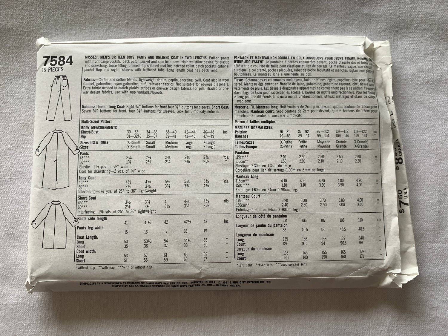 Simplicity Sewing Pattern 7584 Misses'/Men's/Teens' Pants, Unlined Coat, Two Lengths, Elastic Waist, Pockets, Size 30-48, Uncut, Vintage 1991