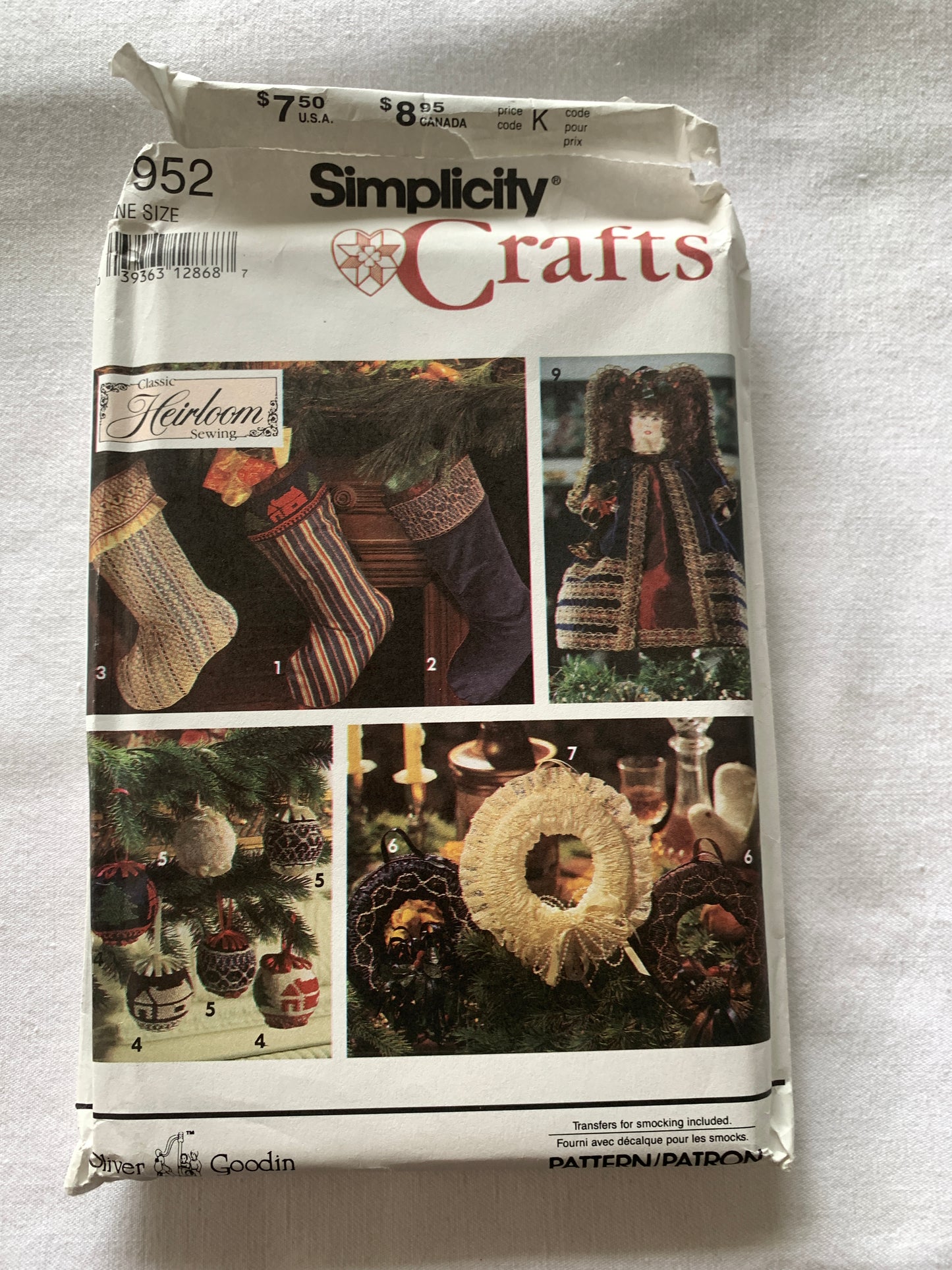 Simplicity Sewing Pattern 7952 Christmas Ornaments, Wreath, Tree Angels, Smocking,  Uncut, Vintage 1992