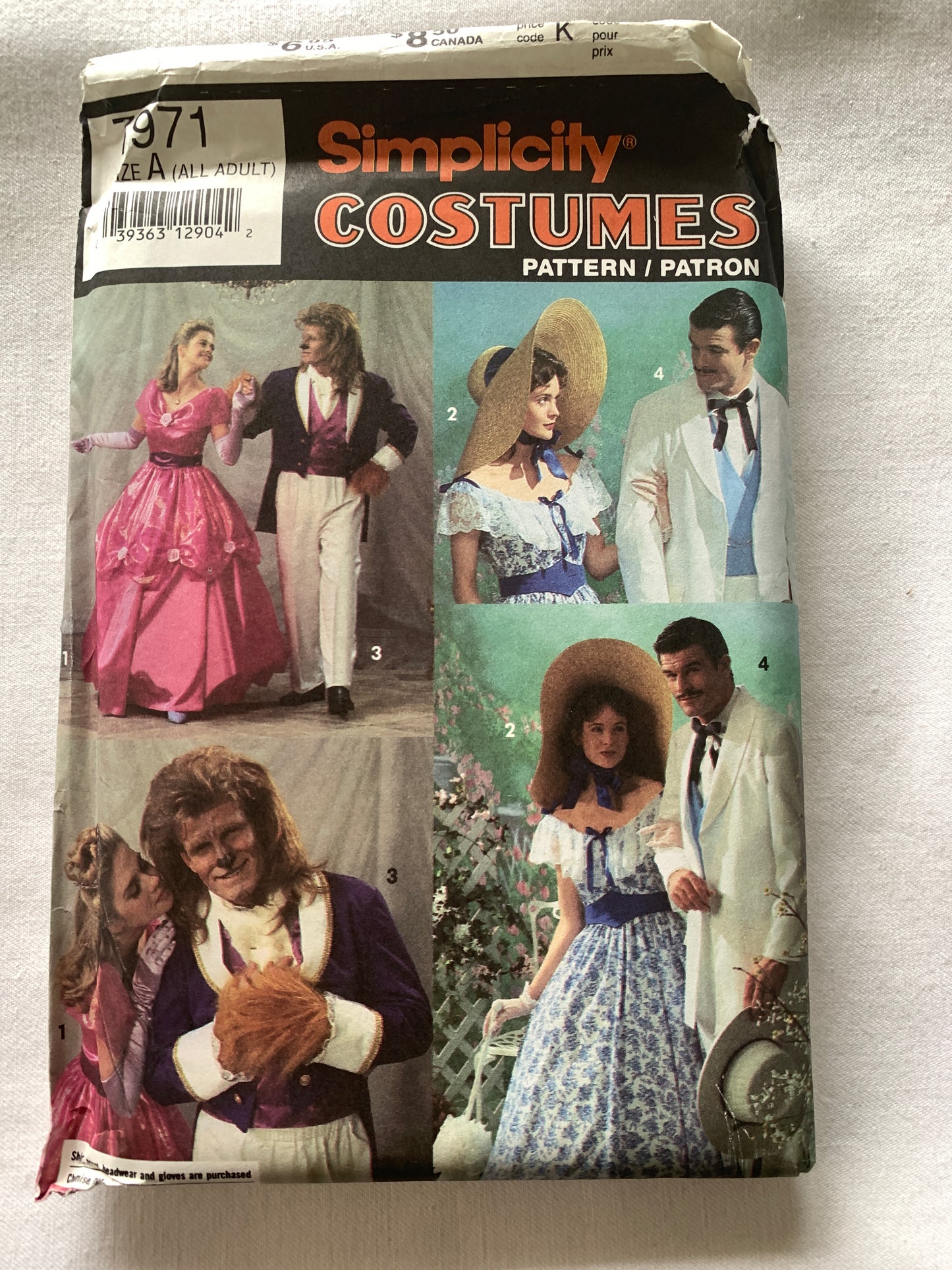 Simplicity Sewing Pattern 7971 Misses'/Men's Adult Costumes, Scarlett O'hara, Rhett Butler,  Beauty & The Beast, All Sizes, Uncut, Vintage 1992