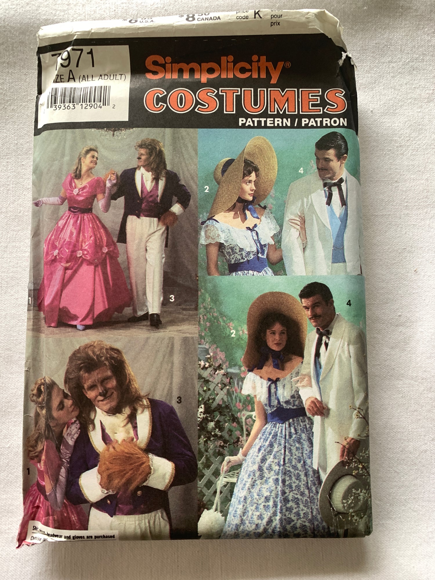 Simplicity Sewing Pattern 7971 Misses'/Men's Adult Costumes, Scarlett O'hara, Rhett Butler,  Beauty & The Beast, All Sizes, Uncut, Vintage 1992