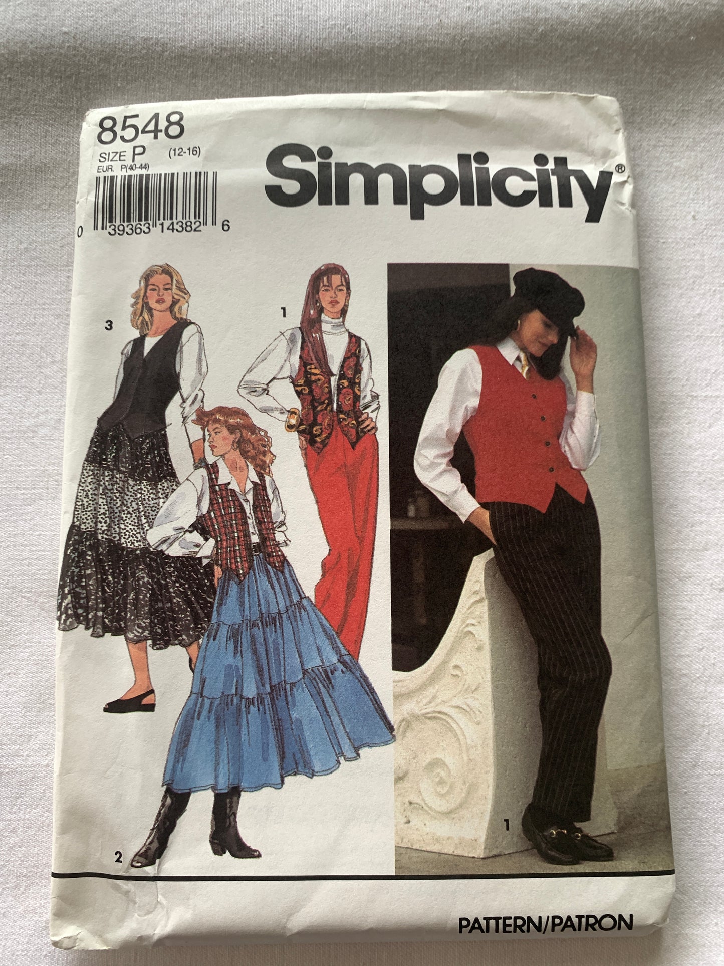 Simplicity Sewing Pattern 8548 Misses' Skirt, Pants, Tie Belt, Lined Vest, 3 Tiers, Size 12-16, Uncut, Vintage 1993