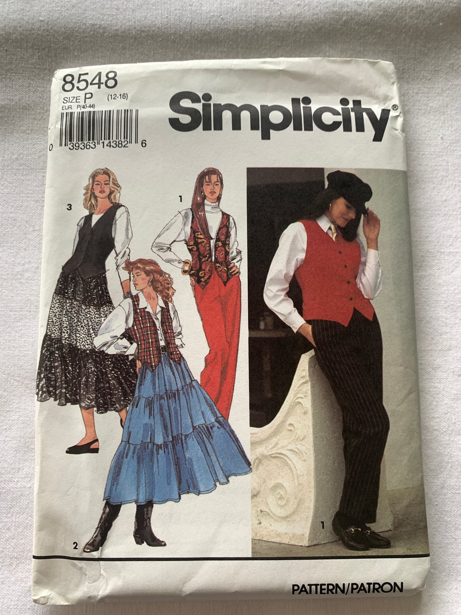 Simplicity Sewing Pattern 8548 Misses' Skirt, Pants, Tie Belt, Lined Vest, 3 Tiers, Size 12-16, Uncut, Vintage 1993