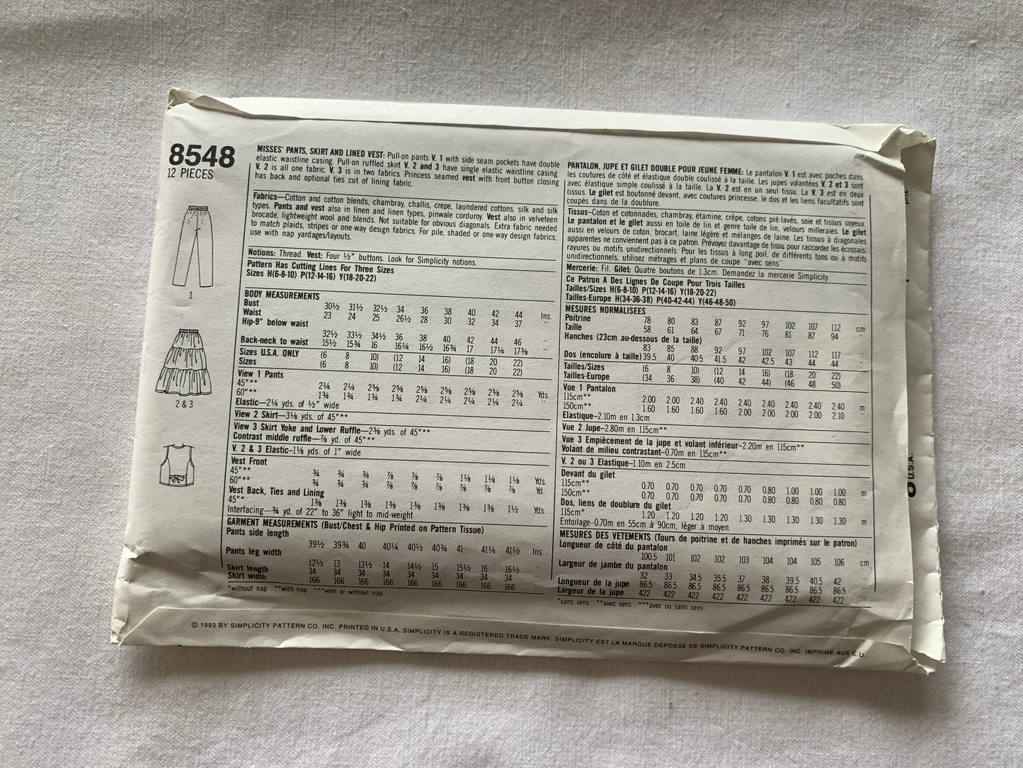 Simplicity Sewing Pattern 8548 Misses' Skirt, Pants, Tie Belt, Lined Vest, 3 Tiers, Size 12-16, Uncut, Vintage 1993