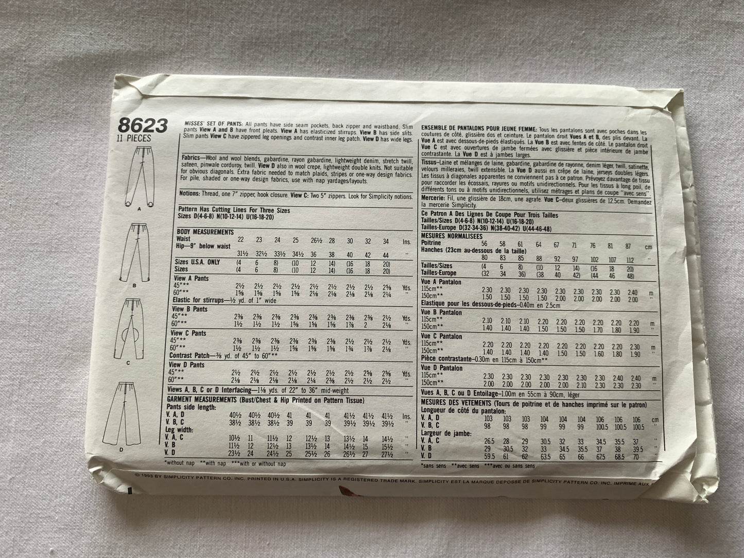 Simplicity Sewing Pattern 8623 Misses' Pants, Pockets, Zipper Back, Size 10-14, Uncut, Vintage 1993