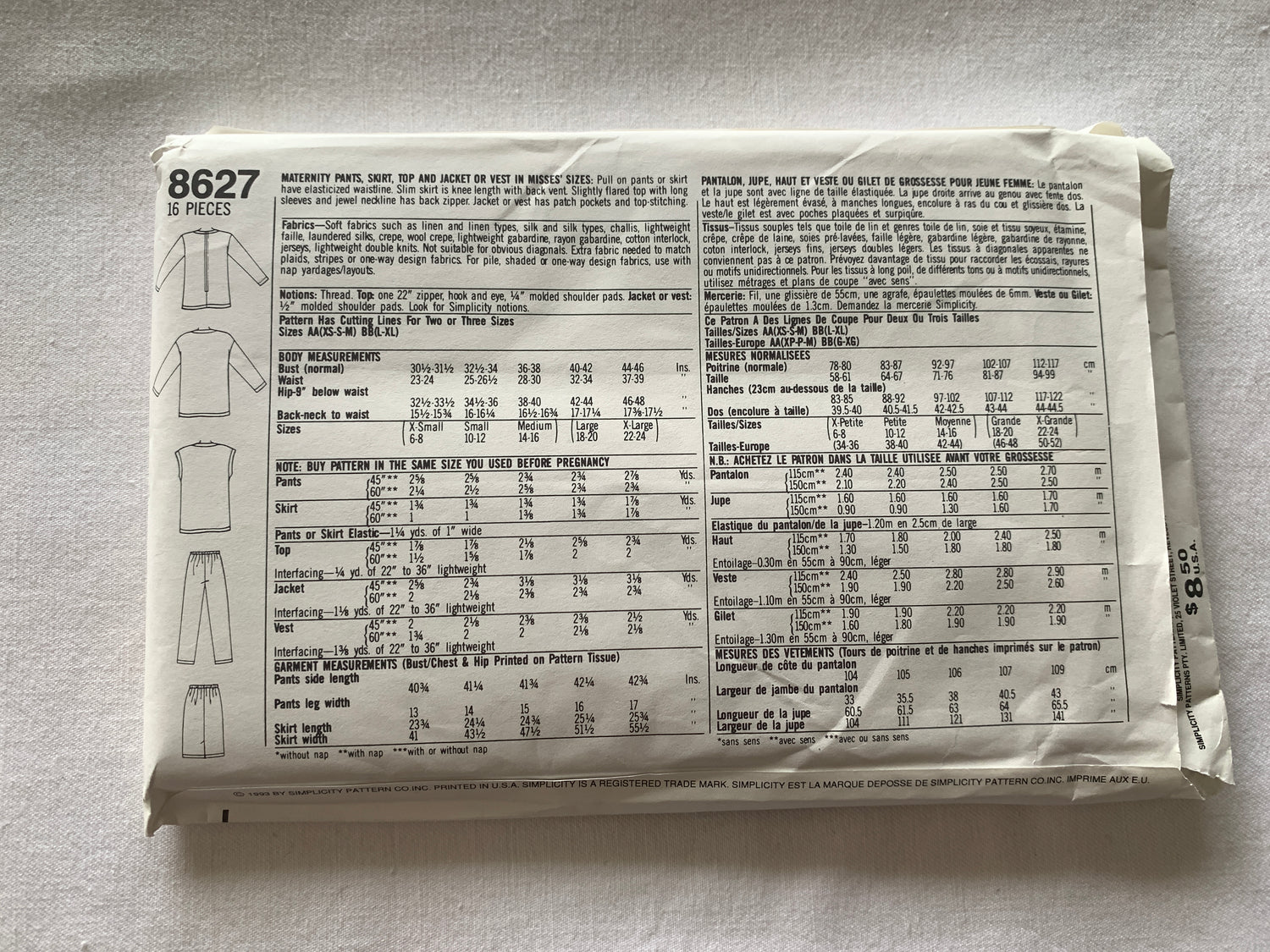 Simplicity Sewing Pattern 8627 Misses' Maternity Pants, Jacket, Top, Skirt, Vest, Zipper Back, Elastic Waist, Size 6-16, Uncut, Vintage 1993