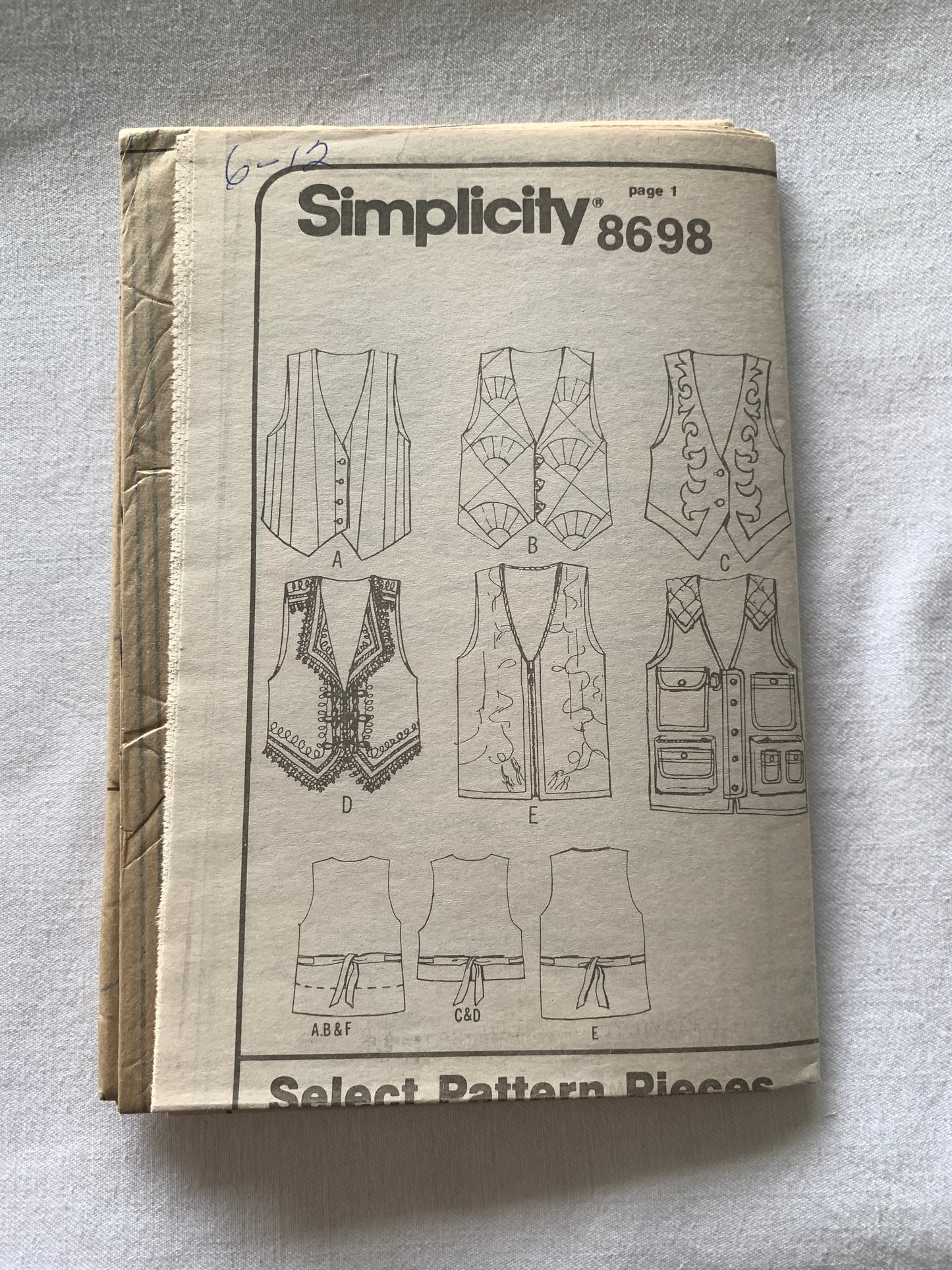 Simplicity Sewing Pattern 8698 Misses' Lined Vest, Button Front, Sleeveless, 6 Variations, Size 6-12, Uncut, Vintage 1993