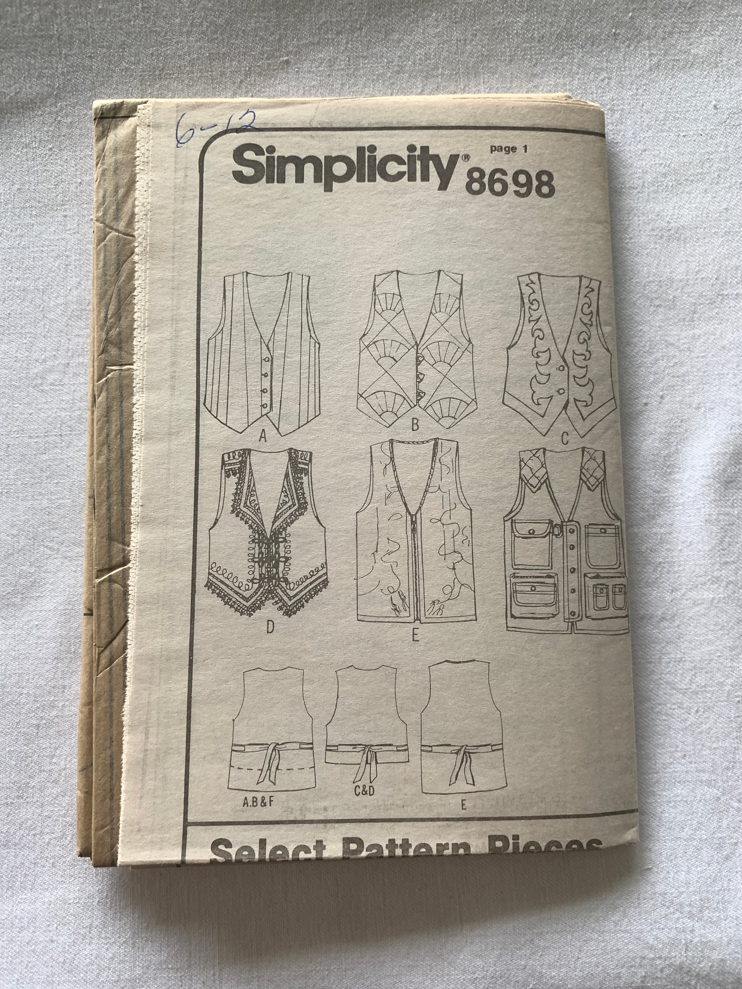 Simplicity Sewing Pattern 8698 Misses' Lined Vest, Button Front, Sleeveless, 6 Variations, Size 6-12, Uncut, Vintage 1993