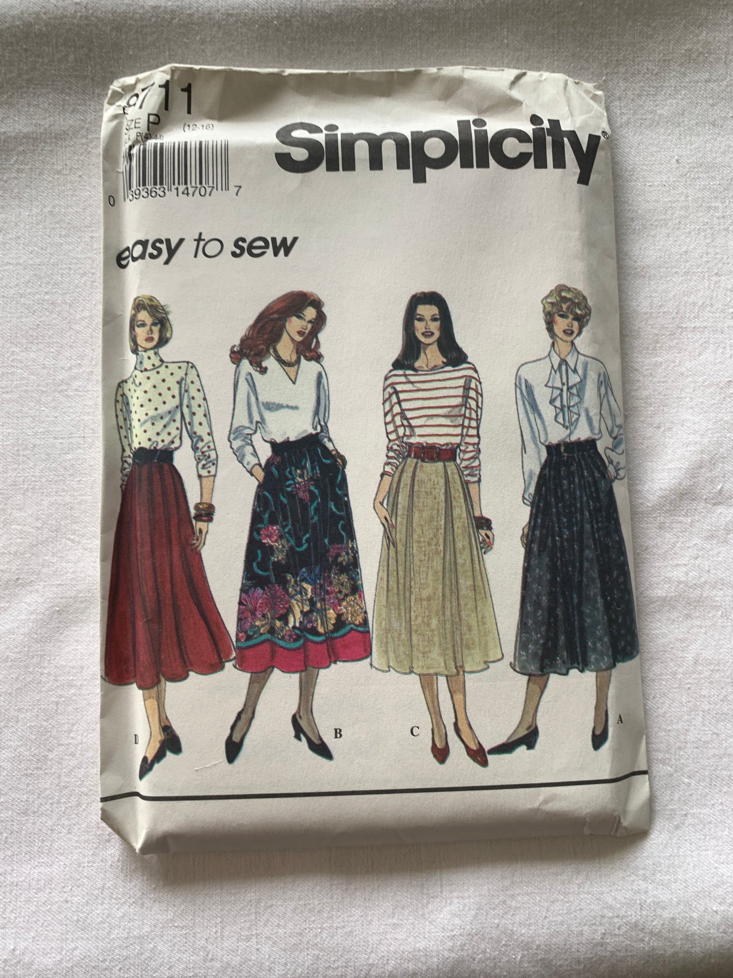 Simplicity Sewing Pattern 8711 Misses' Skirts, Elastic Waist, Pockets, Pleats 4 Variations, Size 12-16, Uncut, Vintage 1993