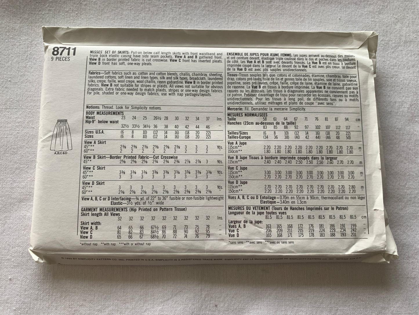 Simplicity Sewing Pattern 8711 Misses' Skirts, Elastic Waist, Pockets, Pleats 4 Variations, Size 12-16, Uncut, Vintage 1993