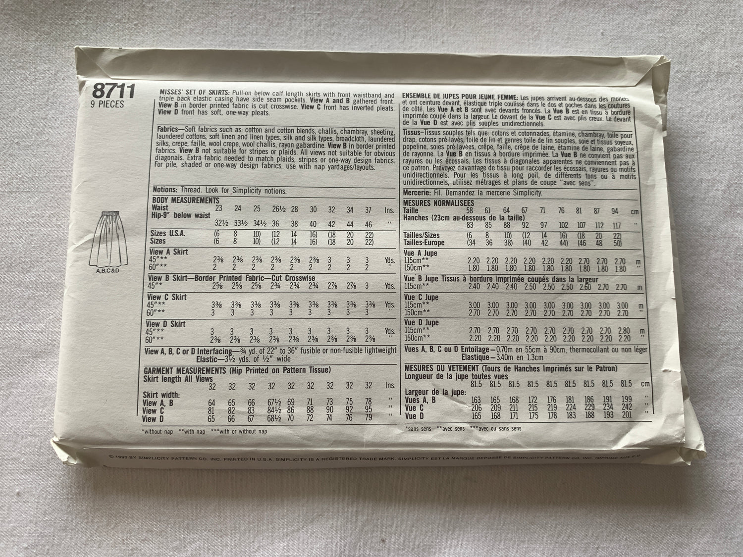 Simplicity Sewing Pattern 8711 Misses' Skirts, Elastic Waist, Pockets, Pleats 4 Variations, Size 12-16, Uncut, Vintage 1993